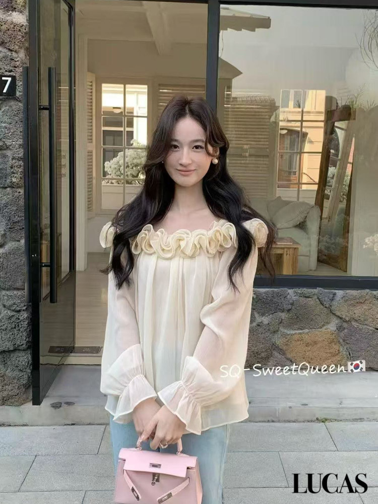 Áo sơ mi trễ vai voan bèo ngang ngẹc chun cổ tay SQ