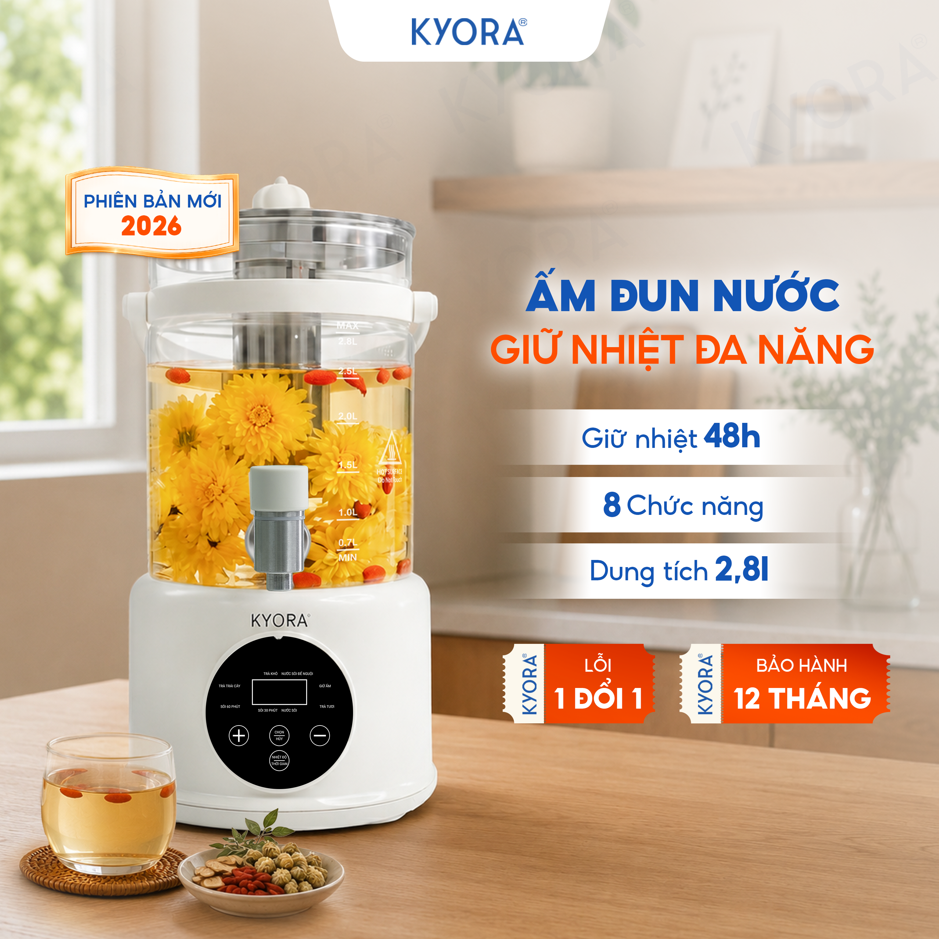 Ấm Đun Nước Giữ Nhiệt Đa Năng 8in1 Kyora 2.8L - 8 chức năng đun nấu - Giữ nhiệt 48H liên tục - Kèm lõi lọc trà