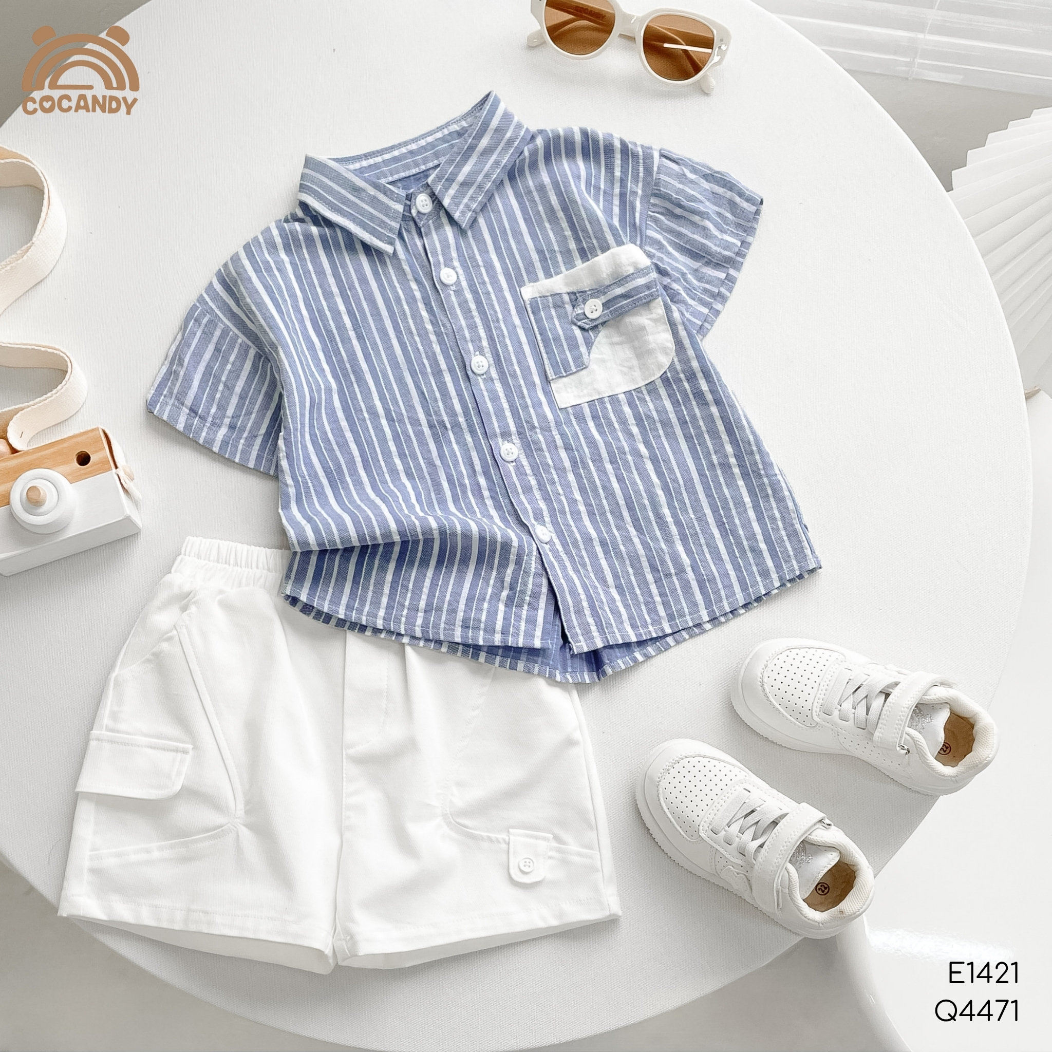 Áo cộc sơ mi kẻ XANH túi ốp phối trắng_thumbnail_1