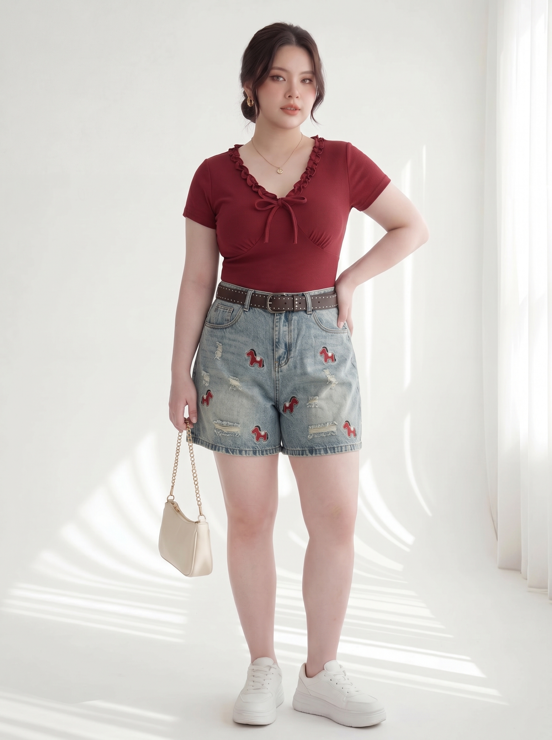 Quần short jean lửng thun thêu ngựa bigsize QSJ68 mặc chính diện cùng áo đỏ