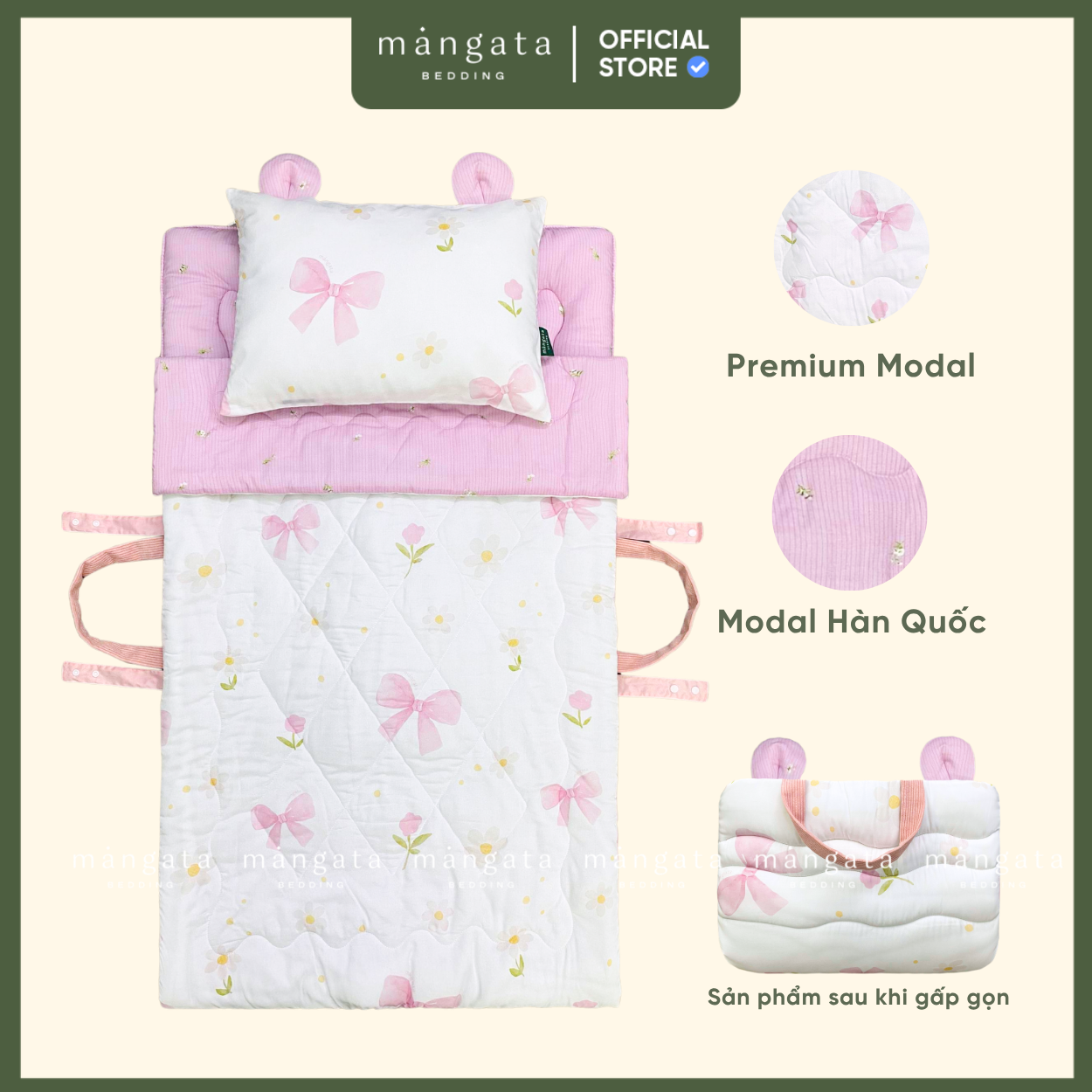 Mẫu Nơ hồng - Bộ chăn gối gấp gọn đi học 
