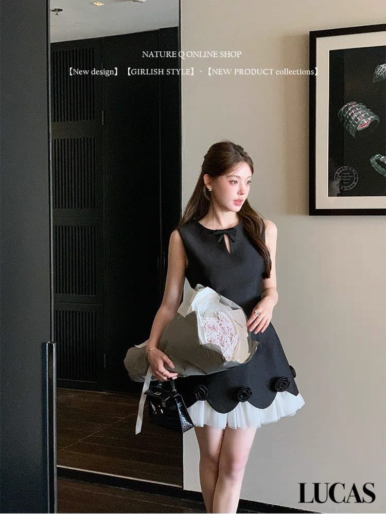 Váy zile khoét giọt lệ đính nơ gấu xòe A lót voan xếp + đính hoa nổi_thumbnail_6