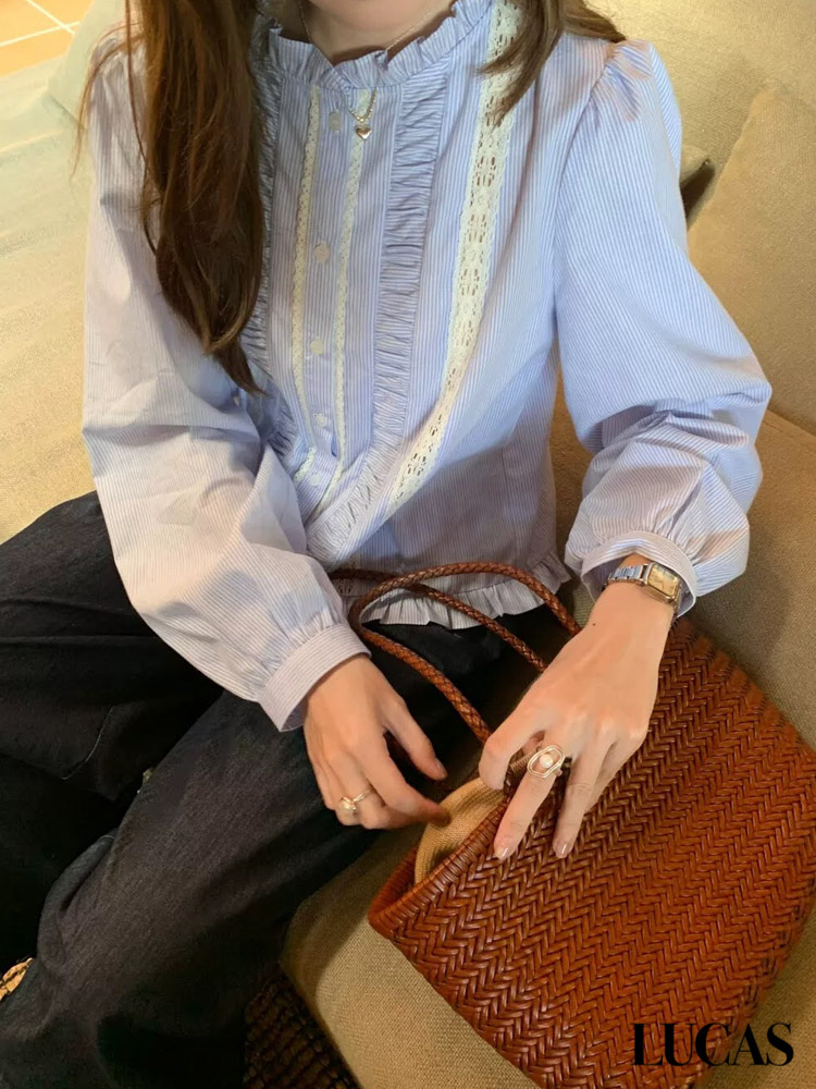 Áo sơ mi thô sọc JUBOW cúc trong phối ren dọc 2 bên, nẹp áo, phối sọc ngang 2 bên_thumbnail_3