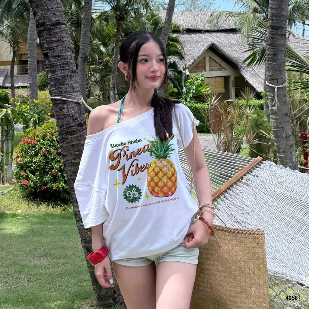 Áo thun nữ form rộng lệch vai phong cách mùa hè Miucho 4058_thumbnail_2