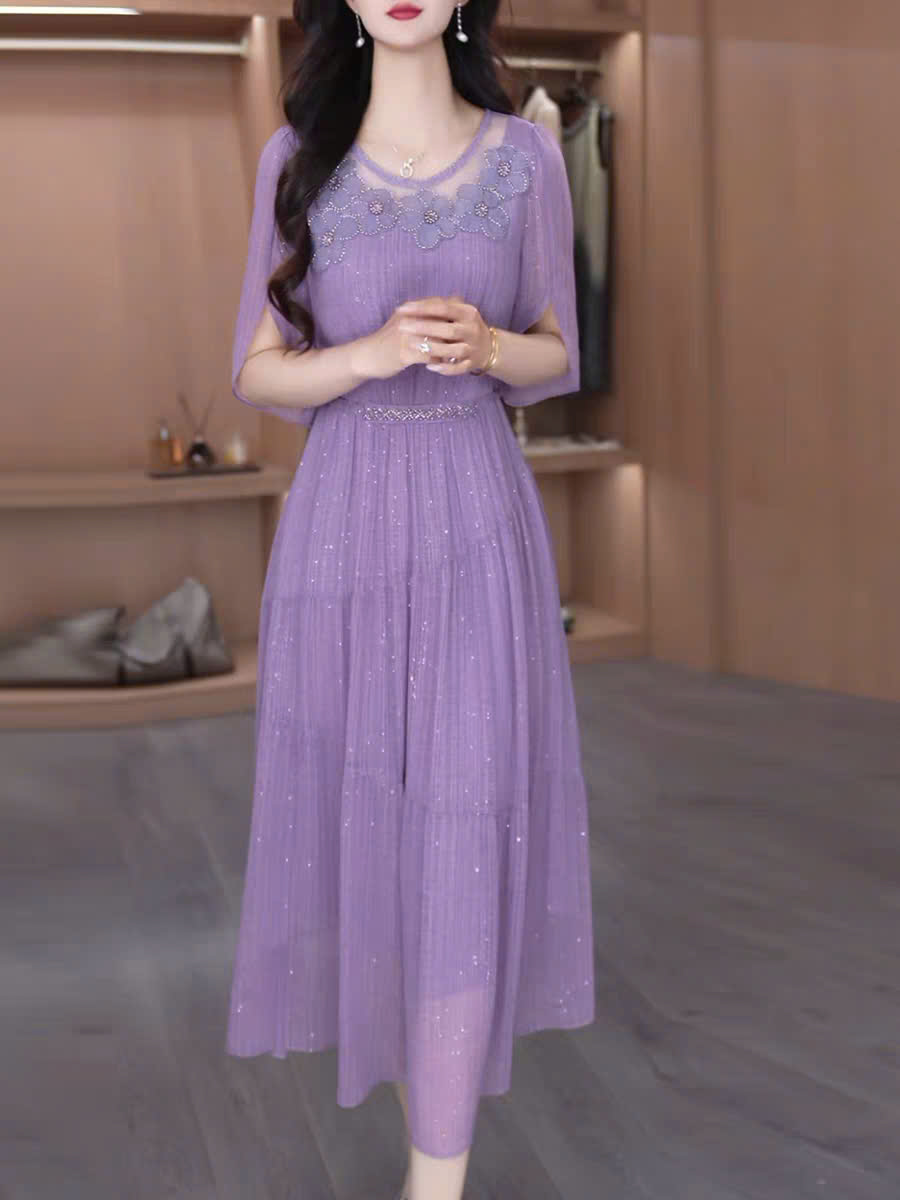 18511- Đầm voan màu tím đính hoa cổ cách điệu (voan có lót)
