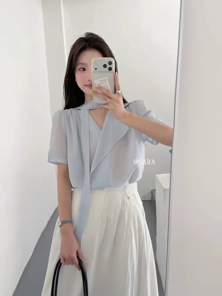 Lucas - Áo sơ mi cộc tay vải voan tơ cổ tim + dây lụa