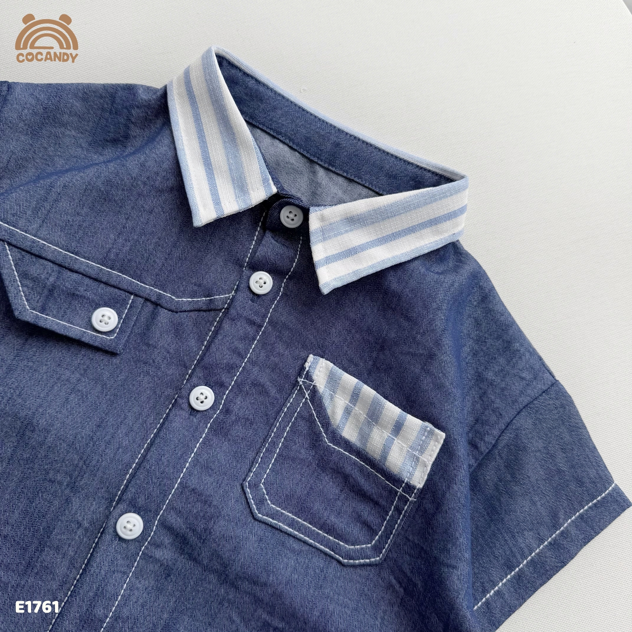 Áo cộc jeans XANH phối cổ sọc kẻ_thumbnail_4