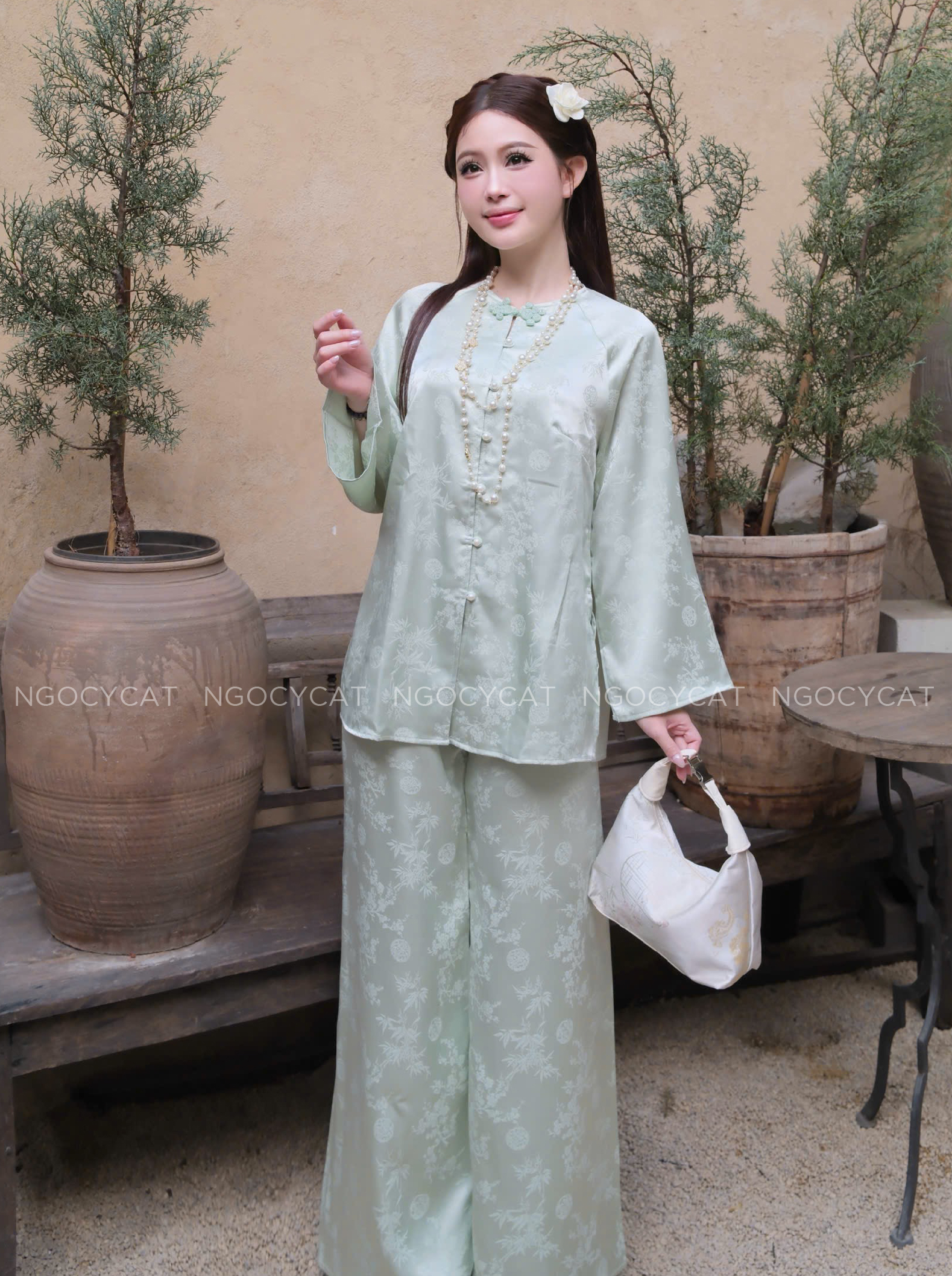 Áo Bà Ba Xanh Mint Lụa Trúc Mai