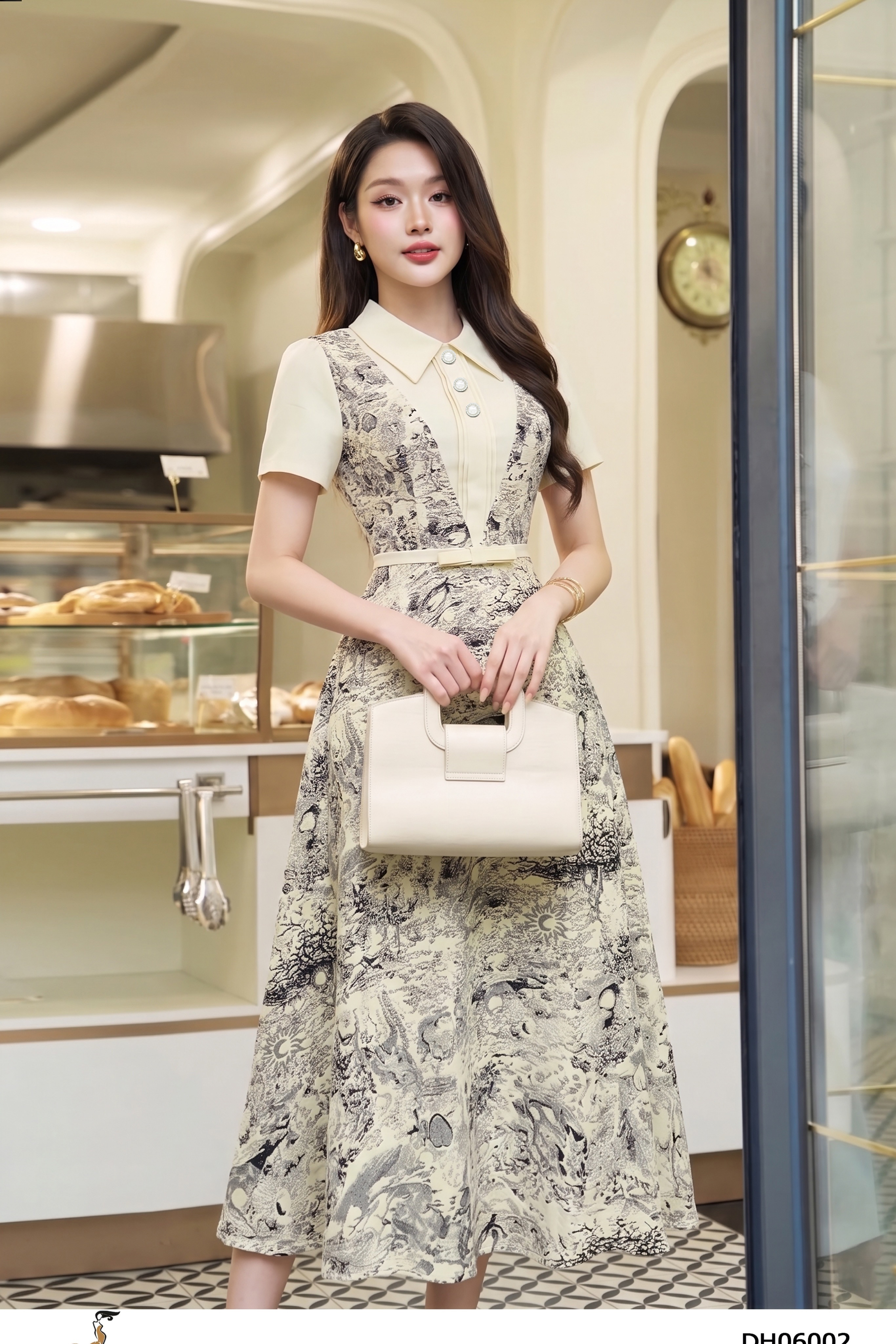 Đầm xòe họa tiết phối kem nơ eo tay ngắn_thumbnail_3