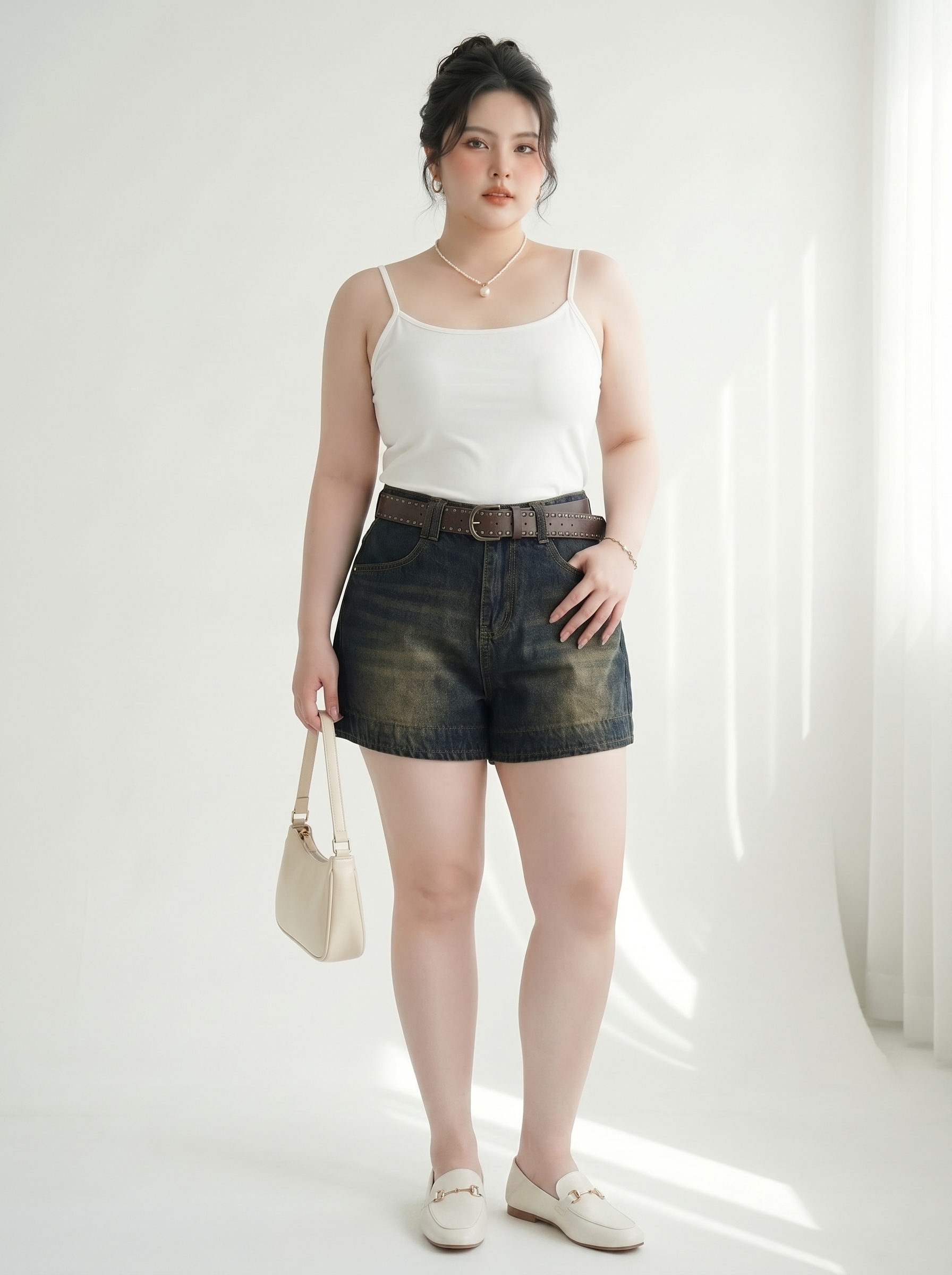 Quần Short Jean Thêu Mèo Nơ Bigsize Ống Rộng Vừa Gọn Đùi Dễ Phối - Xanh Jean - Size 30-35 - T-QSJ1321
