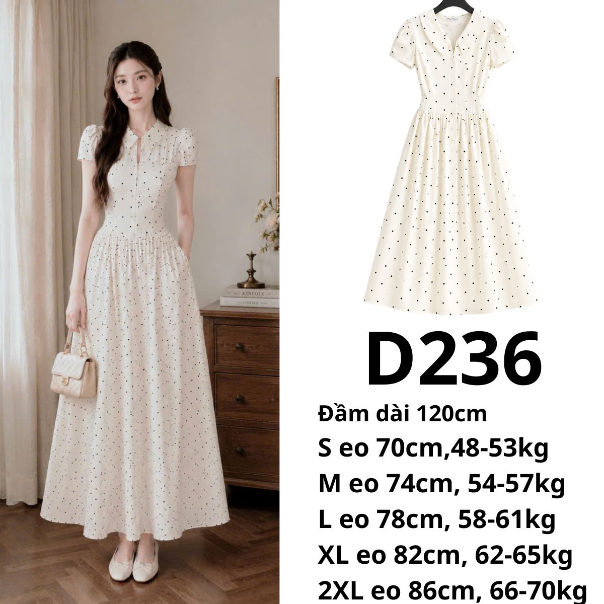 D236- Đầm bi- cổ sen