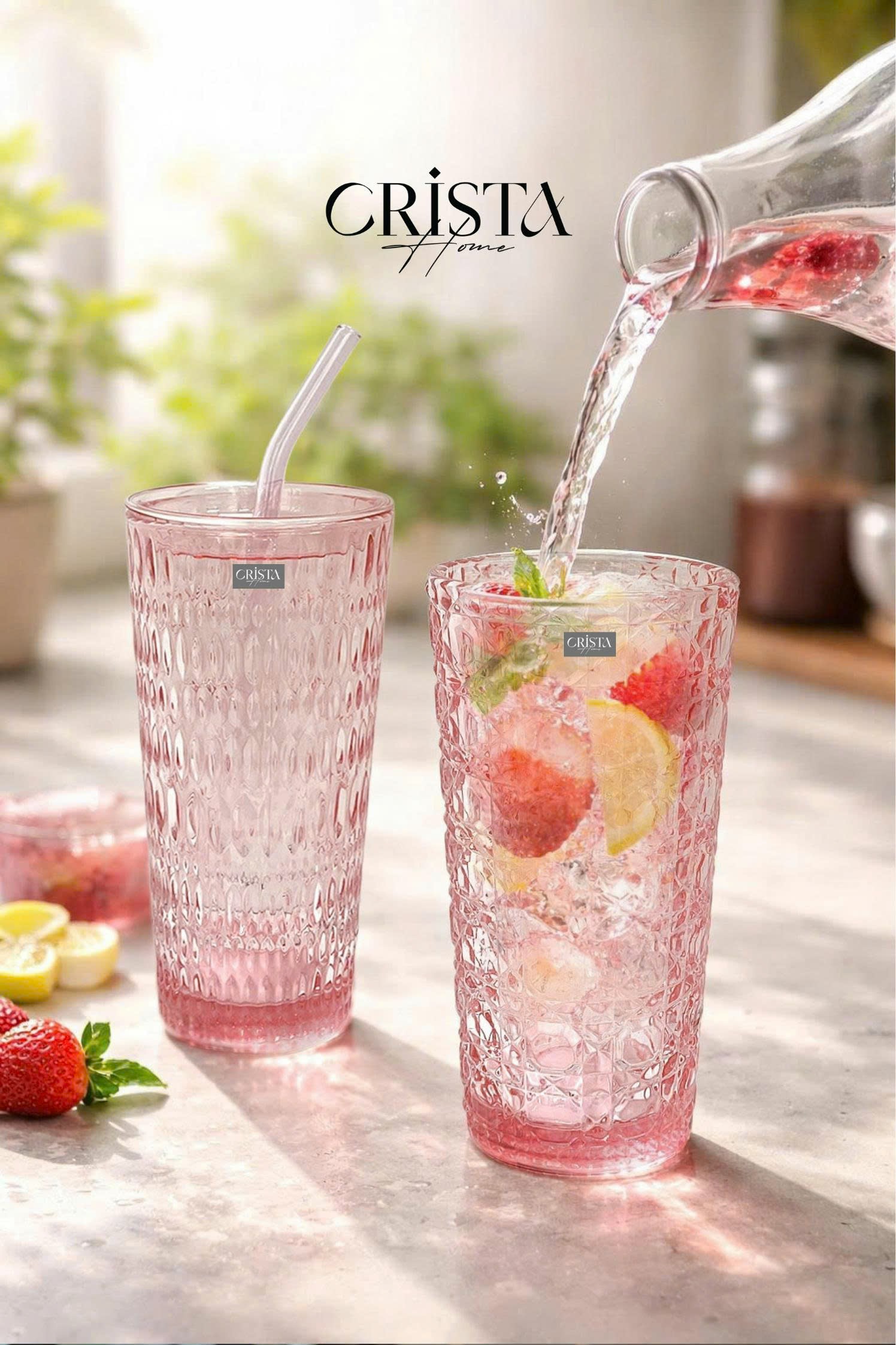 Bộ 2 cốc thủy tinh cao kèm ống hút 500 ml CRISTA HOME, 60243