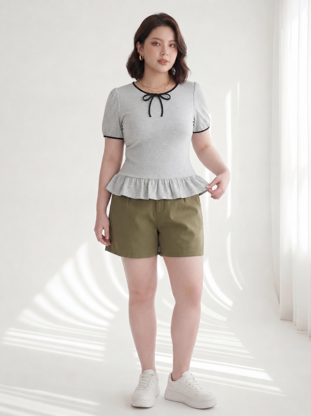 Áo Thun Nhún Bèo Phối Nơ Bigsize Form Peplum Tạo Eo Mềm Che Bắp Tay - Xám - Vừa 55-95kg - V-AK103