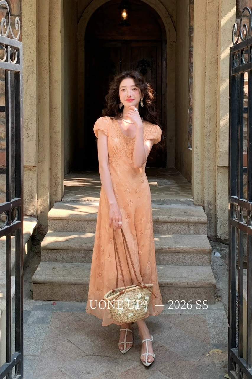 Lucas - Váy hoa tay hến bom phối viền ren chân xòe dáng maxi