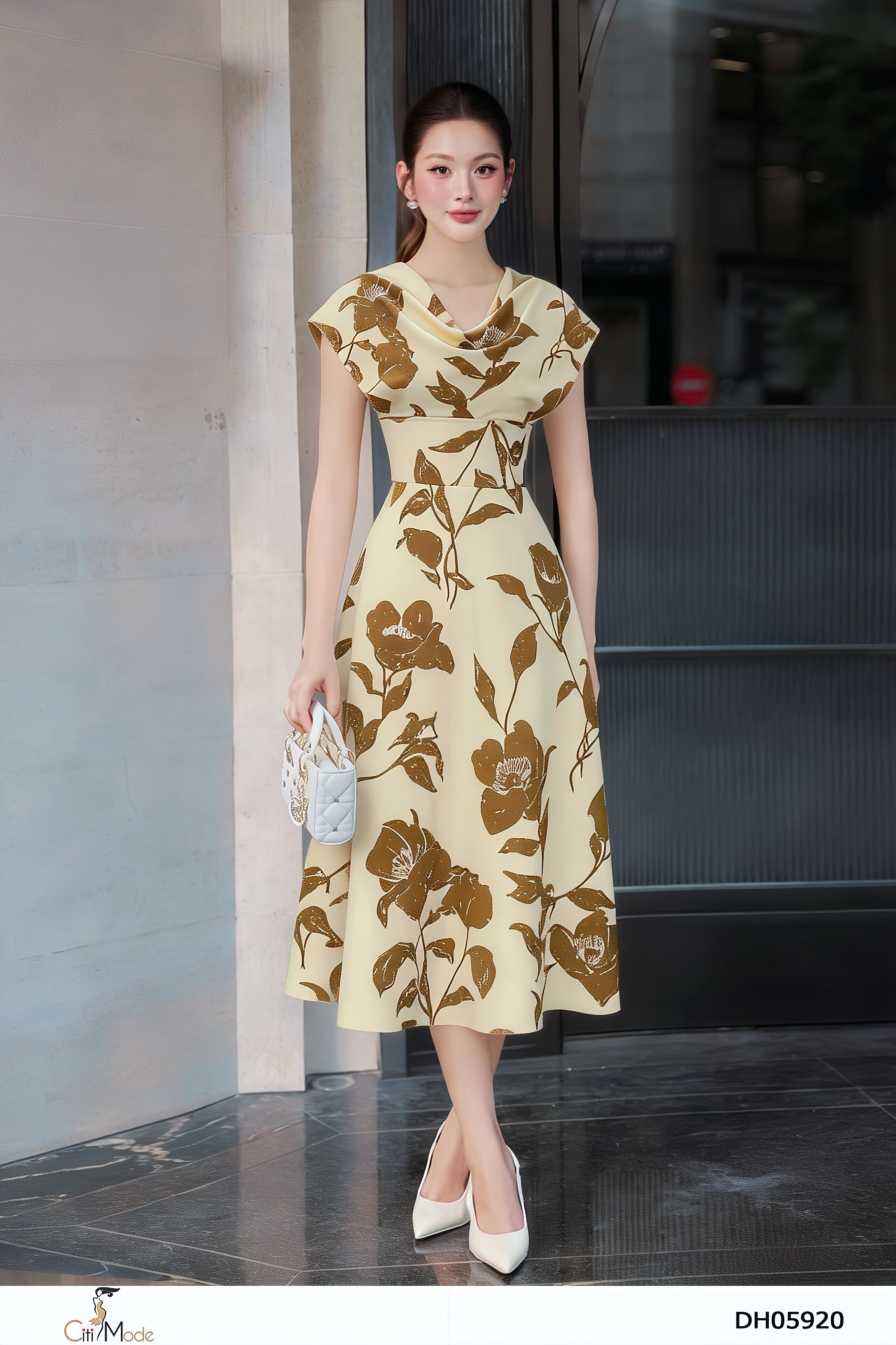 Đầm xòe hoa nâu trà cổ đổ cách điệu tay liên_thumbnail_2