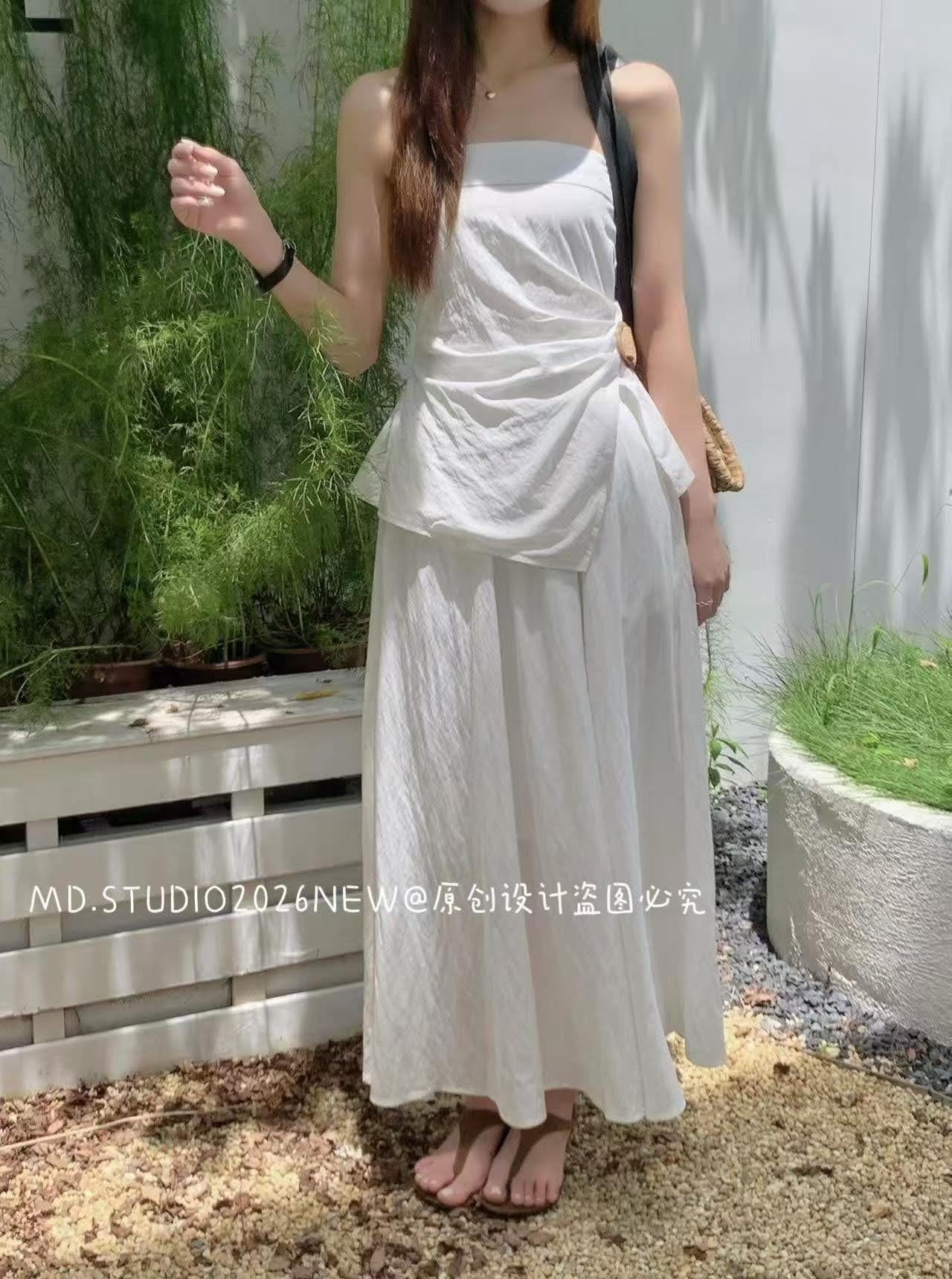 Lucas - Set áo quây gấu vạt lệch cài mặt tròn + chân váy xòe dáng maxi + dây buộc tóc_thumbnail_2
