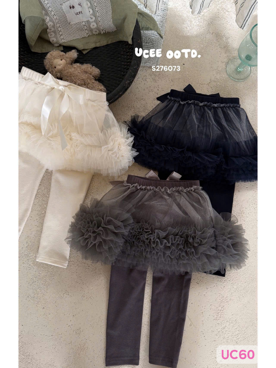 UC60 - Quần legging liền váy tutu lưới bồng đính nơ 2 màu be xám hãng UCEE 276073 (Sz90-140)