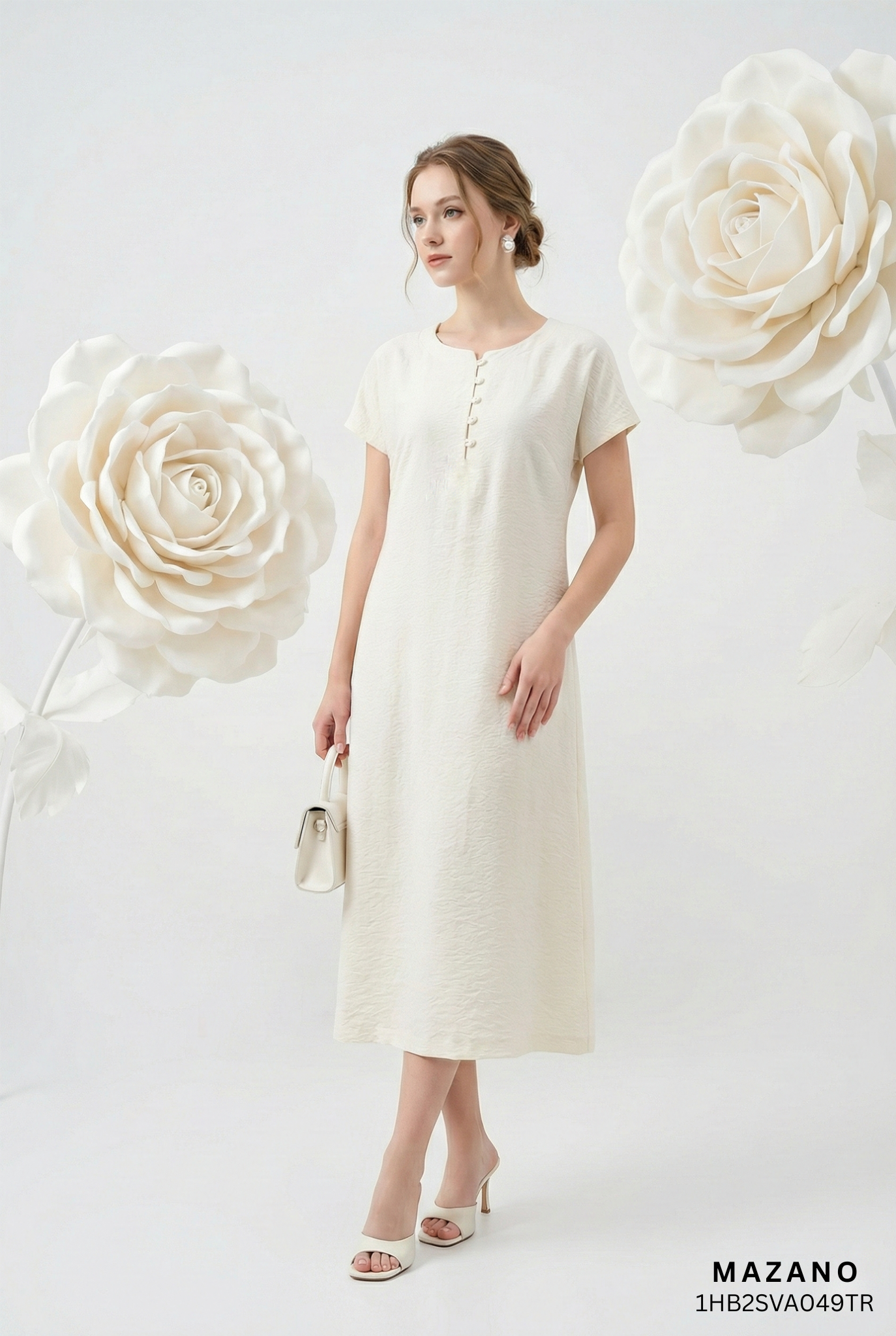 Đầm vải pha linen trắng kem dáng suông A cổ tàu cách điệu tay ngắn thiết kế MAZANO_thumbnail_1