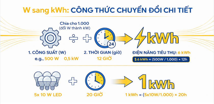 Cách đổi từ W sang kWh chuẩn giúp tính chính xác điện năng tiêu thụ