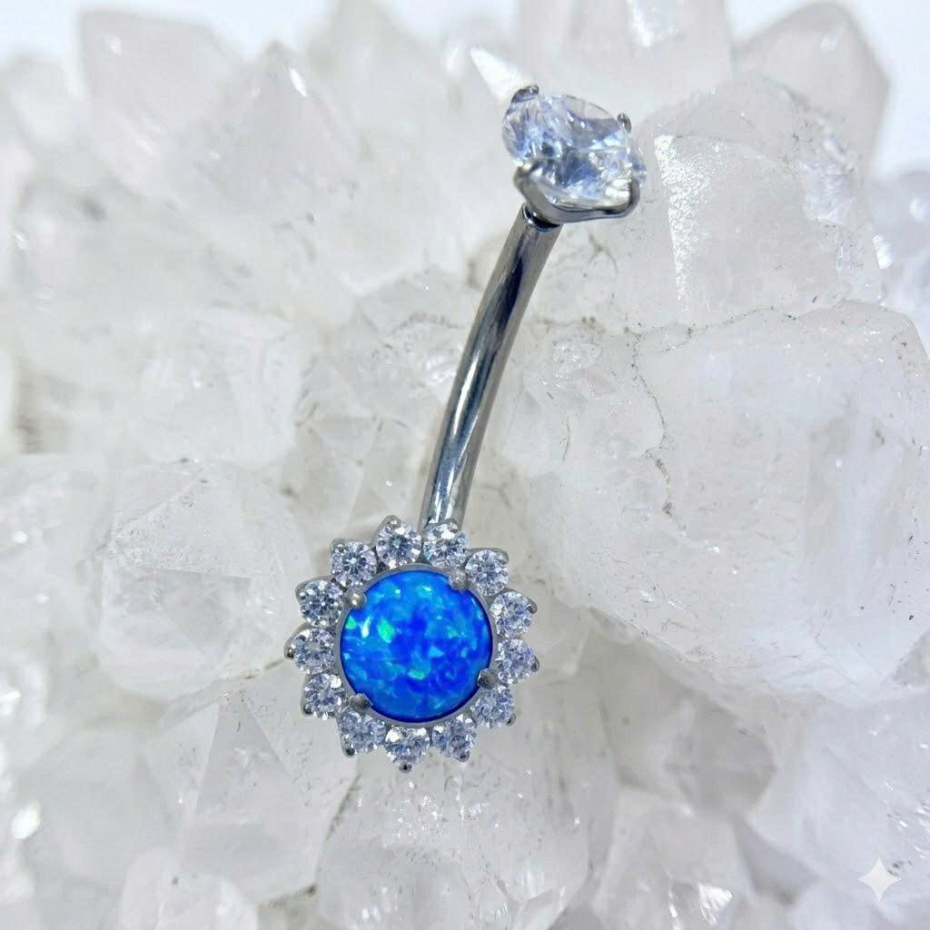 Rốn titan đá xanh opal viền kim cương 10mm