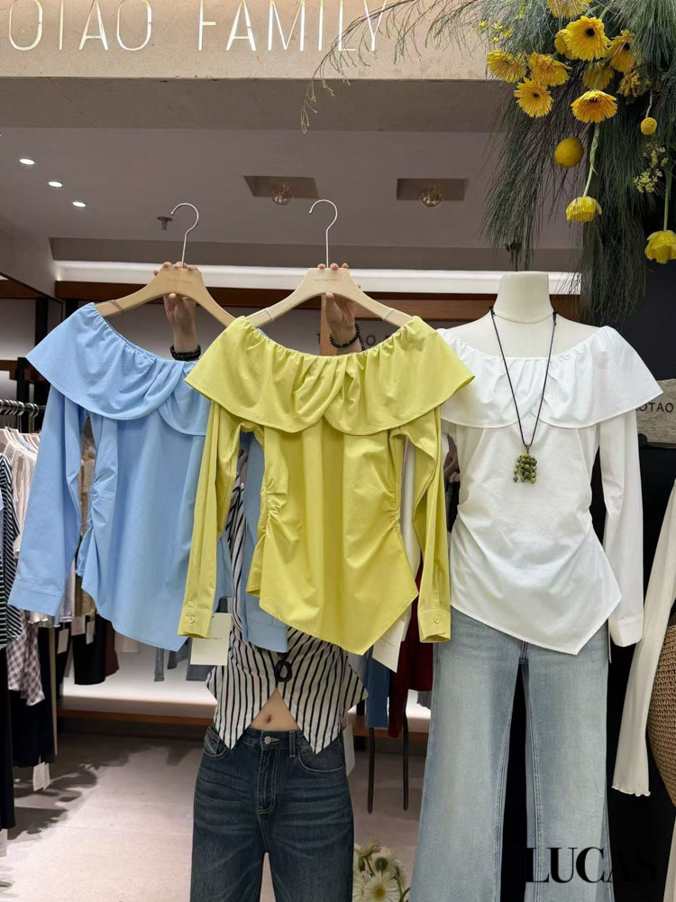 Áo sơ mi trễ vai bèo cổ đan xếp ly gấu vạt chéo dài tay_thumbnail_3