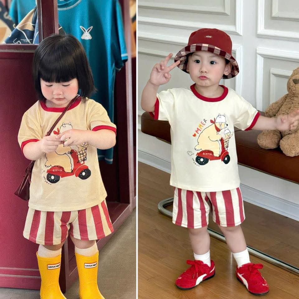 Set bộ cotton kẻ đỏ gấu moto