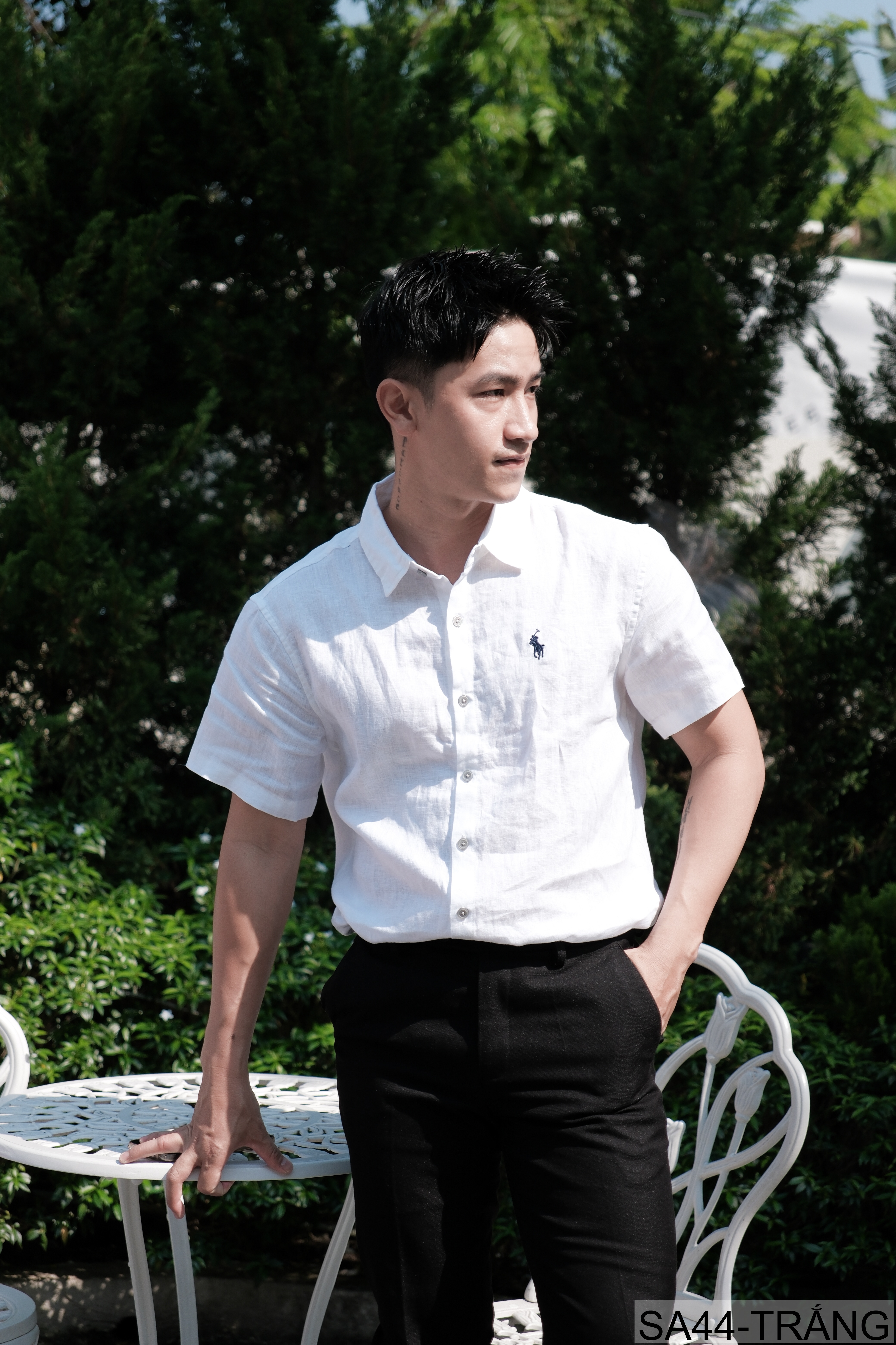 SA44 - Áo sơ mi nam tay ngắn vải lanh thoáng mát phong cách Nhật, cổ lật thêu logo nhỏ_thumbnail_3