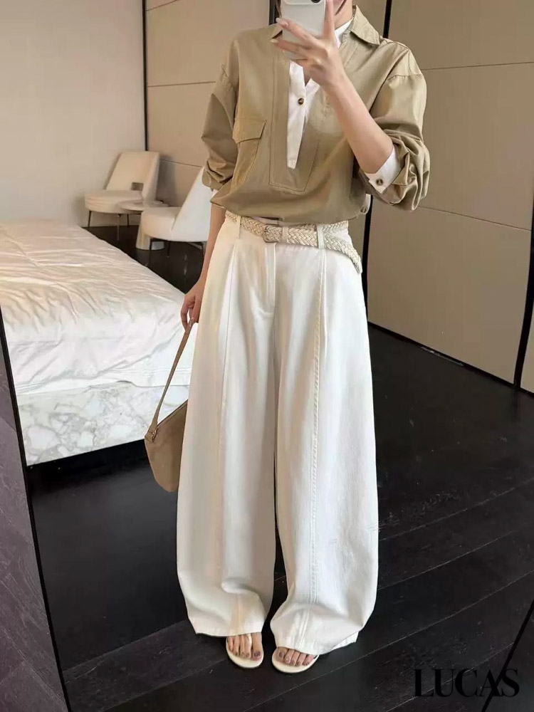 Quần kaki ống suông xếp ly Cici + đai da tết bản lớn