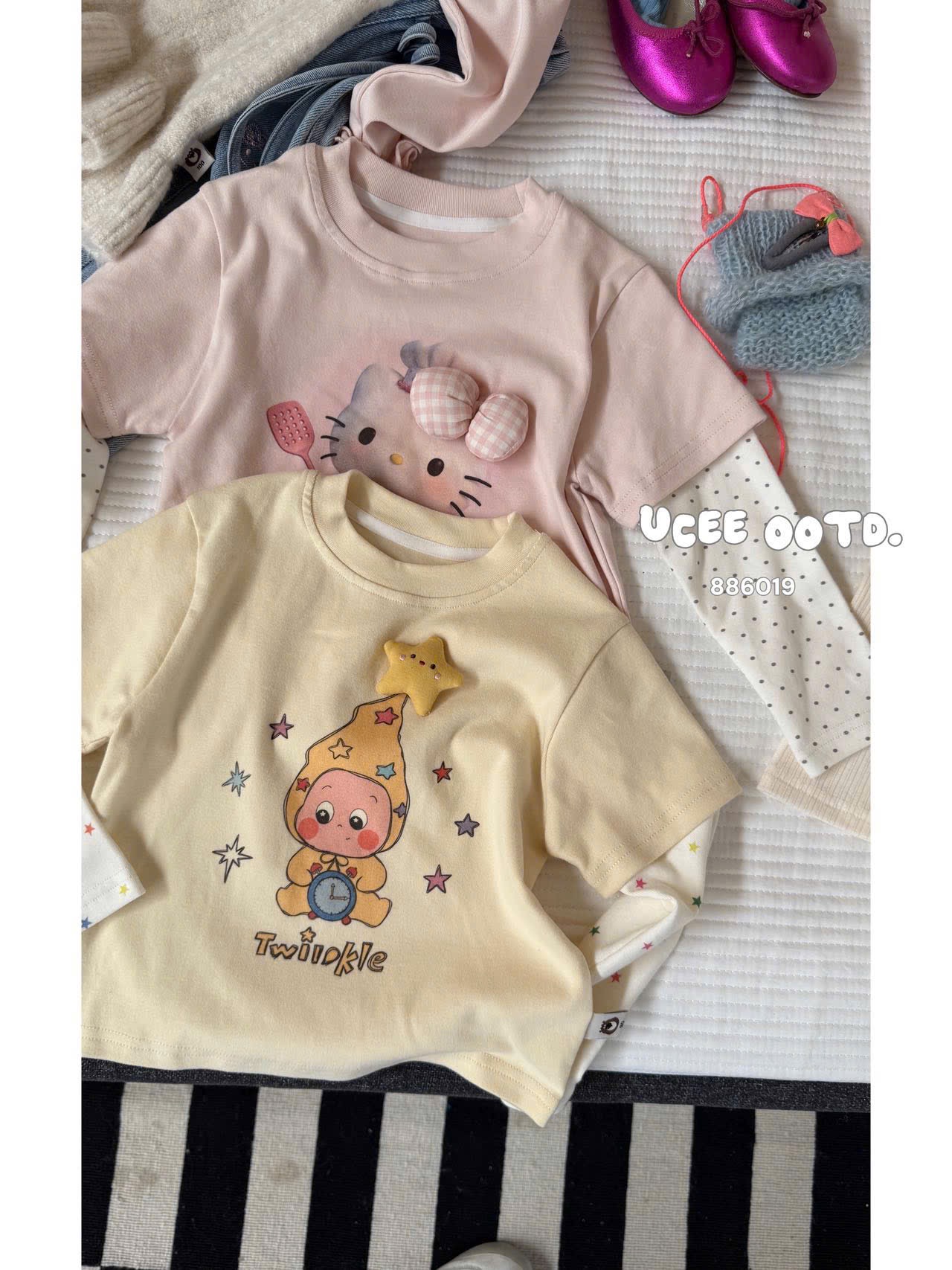 UC46 - Áo thun madu hồng kitty tay nối chấm bi UCEE 886019
