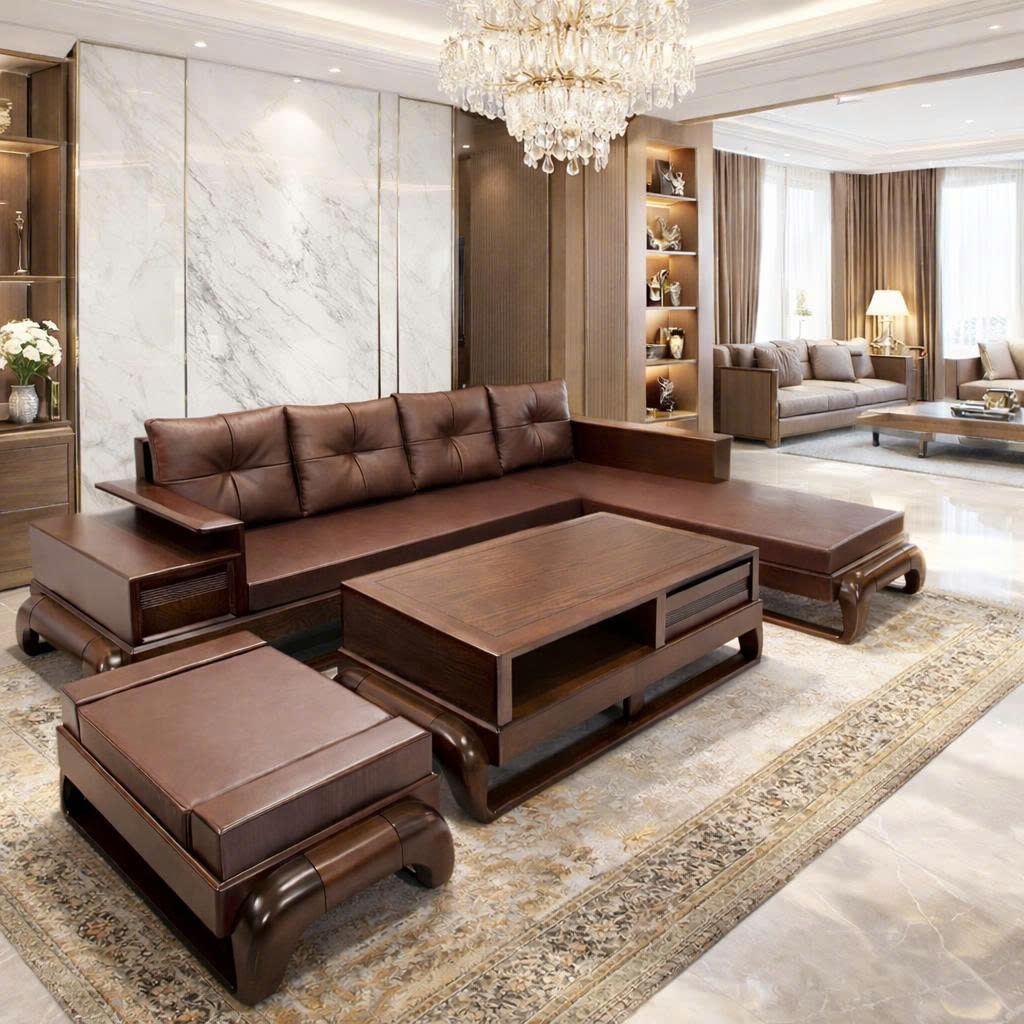 Sofa góc L chân gà vế trái màu nâu đỏ