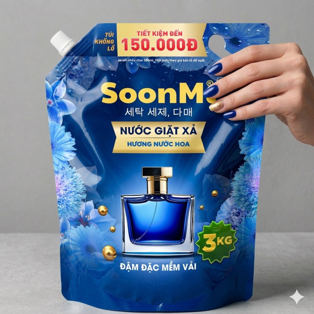 Nước Giặt Xả 2 Trong 1 Soonmi 3kg Đậm Đặc - Công Nghệ Hạt Lưu Hương Ngọc Trai Lên Tới 3 Tuần