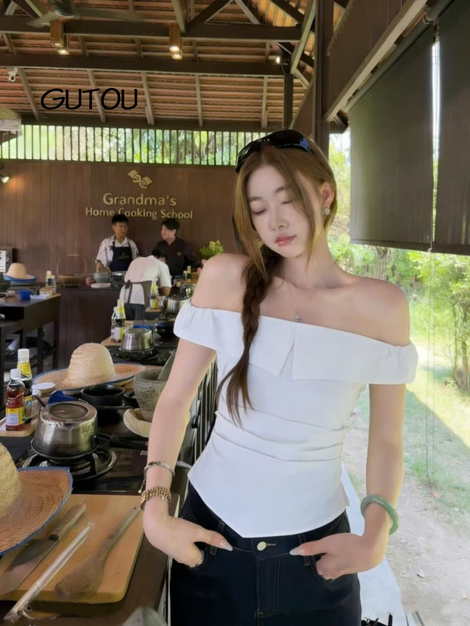 [ GUTOU ] Áo Trễ Vai Xếp Ly Co Giãn Elegance Style_thumbnail_3