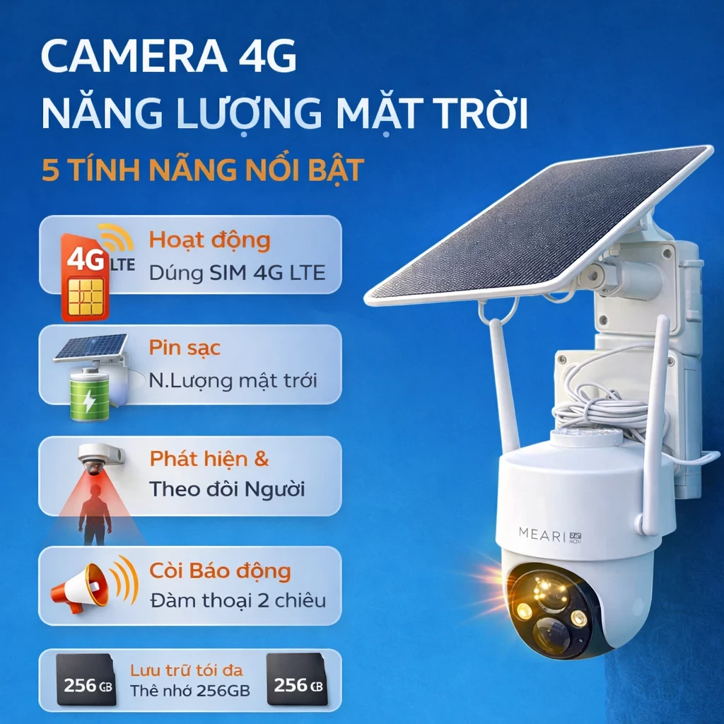Camera Năng Lượng Mặt Trời Chạy Sim 4G quay quét ngoài trời 3MP, dùng để ghi hình ảnh, hỗ trợ khe cắm thẻ nhớ tới 512GB
