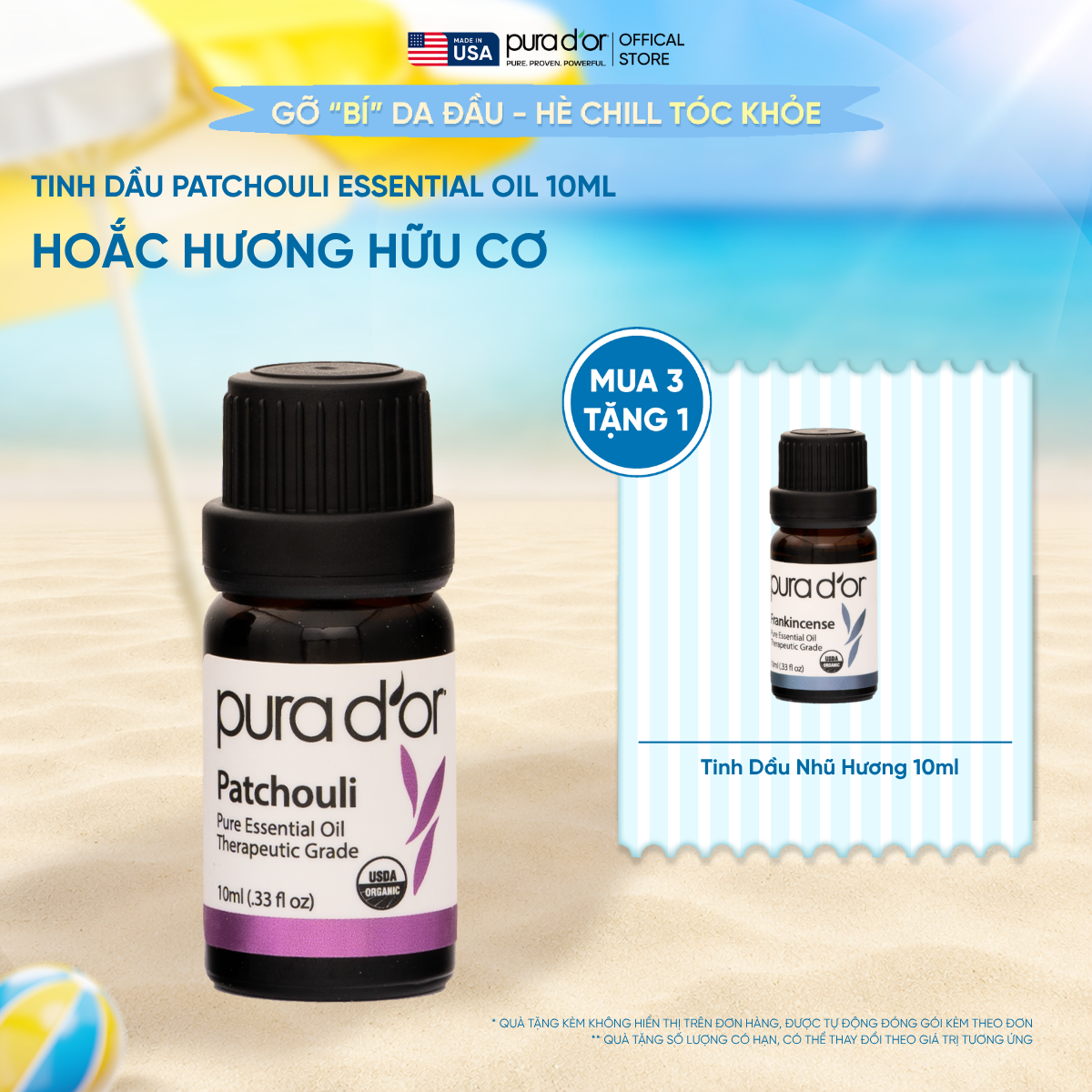 Tinh Dầu Hoắc Hương Hữu Cơ Pura D'or Therapeutic Grade Patchouli Essential Oil 10ml