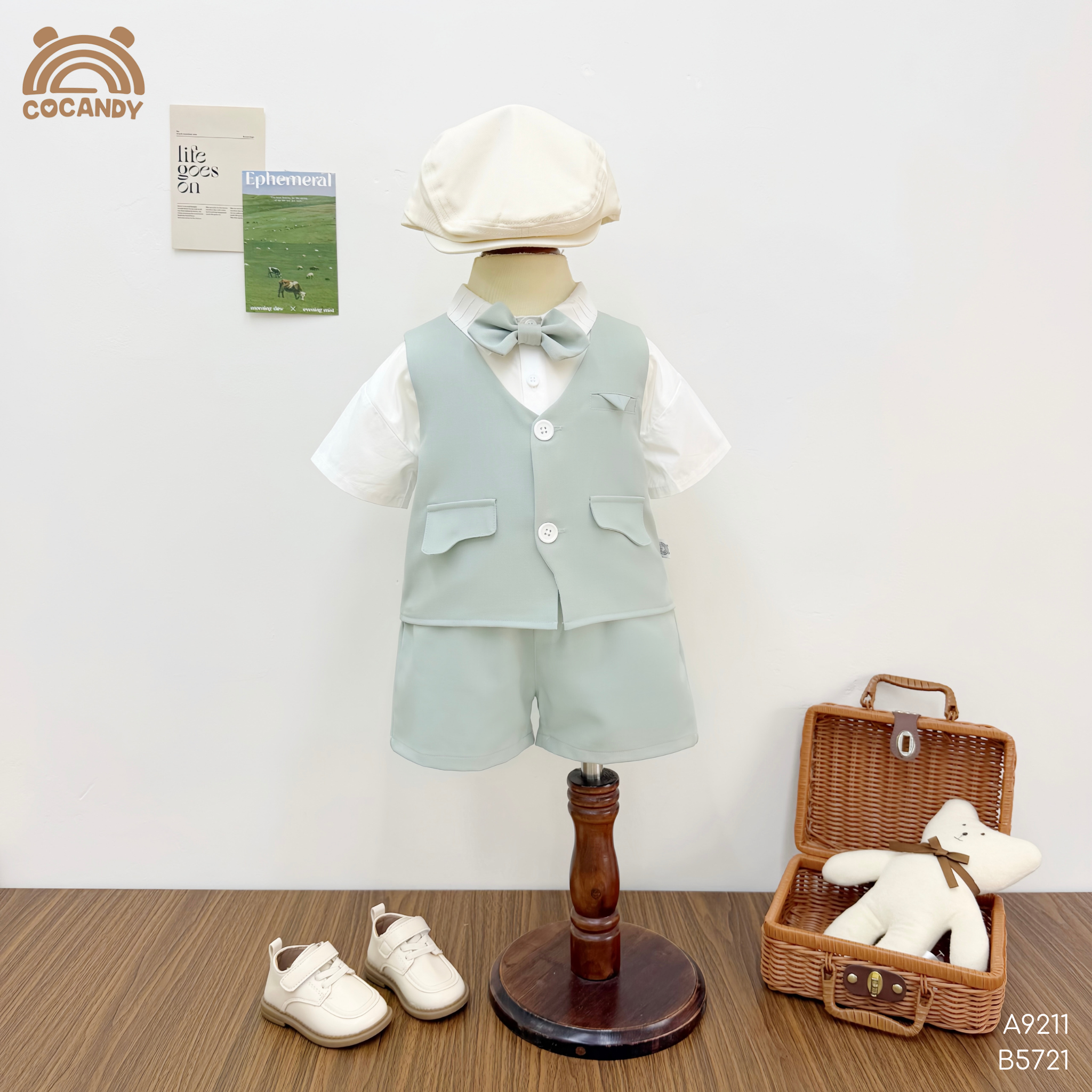 Bộ cộc gile XANH MINT công tử nẹp sườn + NƠ