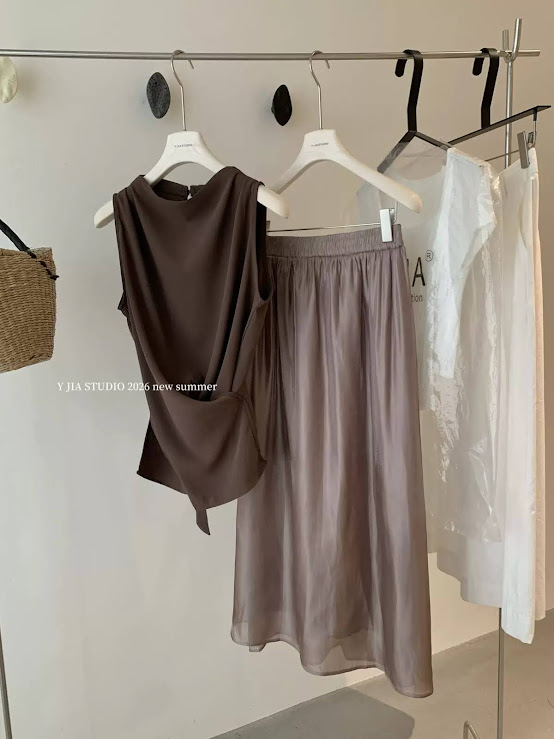 Set áo zile vạt đan + chân váy tơ dáng xòe dài YJIA_thumbnail_2