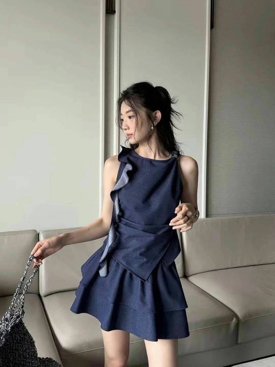 Lucas - Set áo zile phối bèo 1 bên gấu chéo + chân váy xòe dáng ngắn 2 tầng