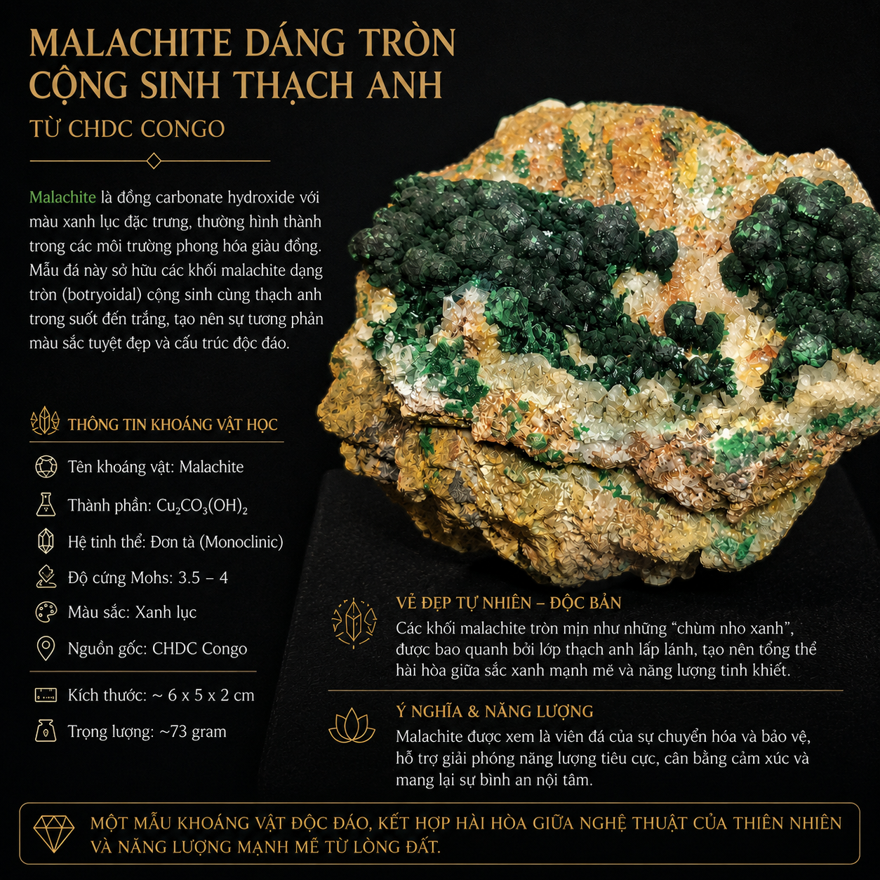 Malachite Dáng Tròn Cộng Sinh Thạch Anh - Congo