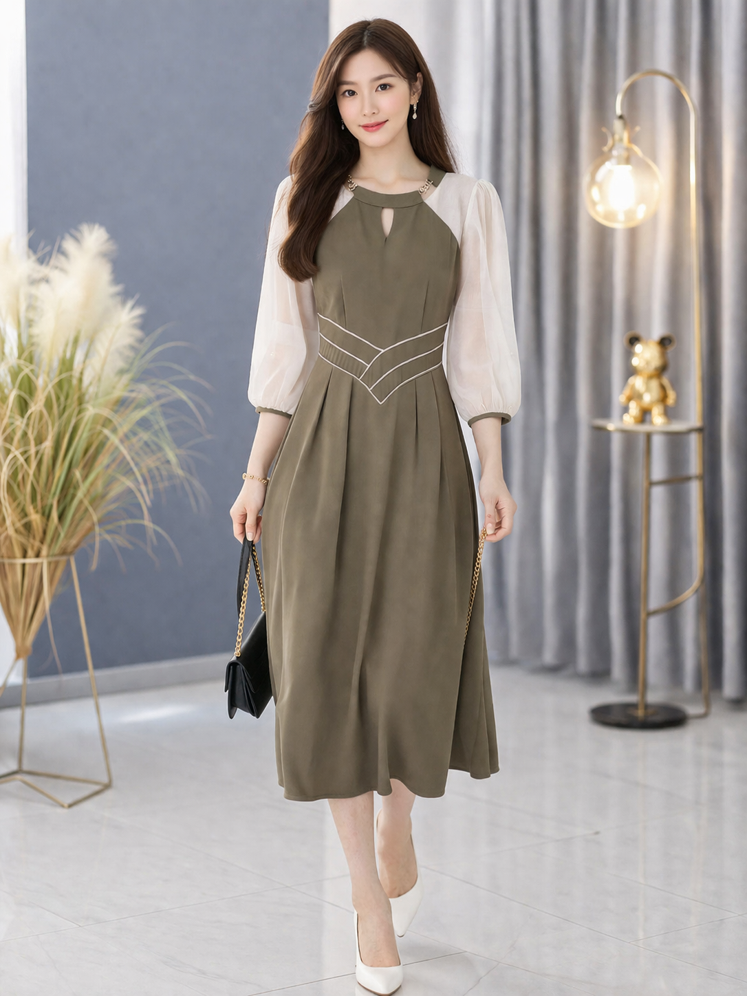 18404-Đầm xòe nâu phối tay voan trắng  viền eo cách điệu ( chất voan,lót thun , có túi)_thumbnail_6