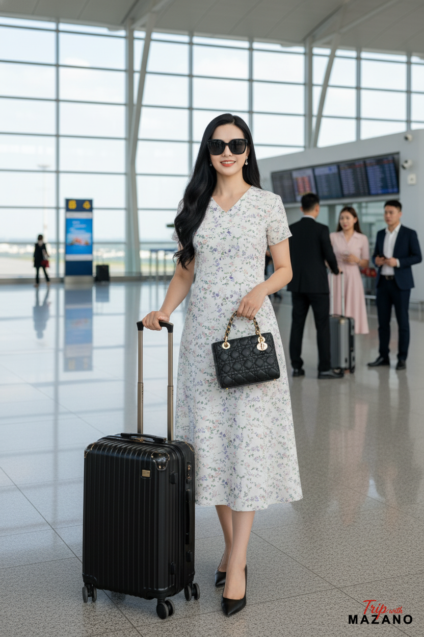 Váy Đầm thân suông nhẹ vừa chân rủ nhẹ Vải thô mỏng Họa tiết hoa nhí Cổ V Tay ngắn Dài váy ngang bắp_thumbnail_1