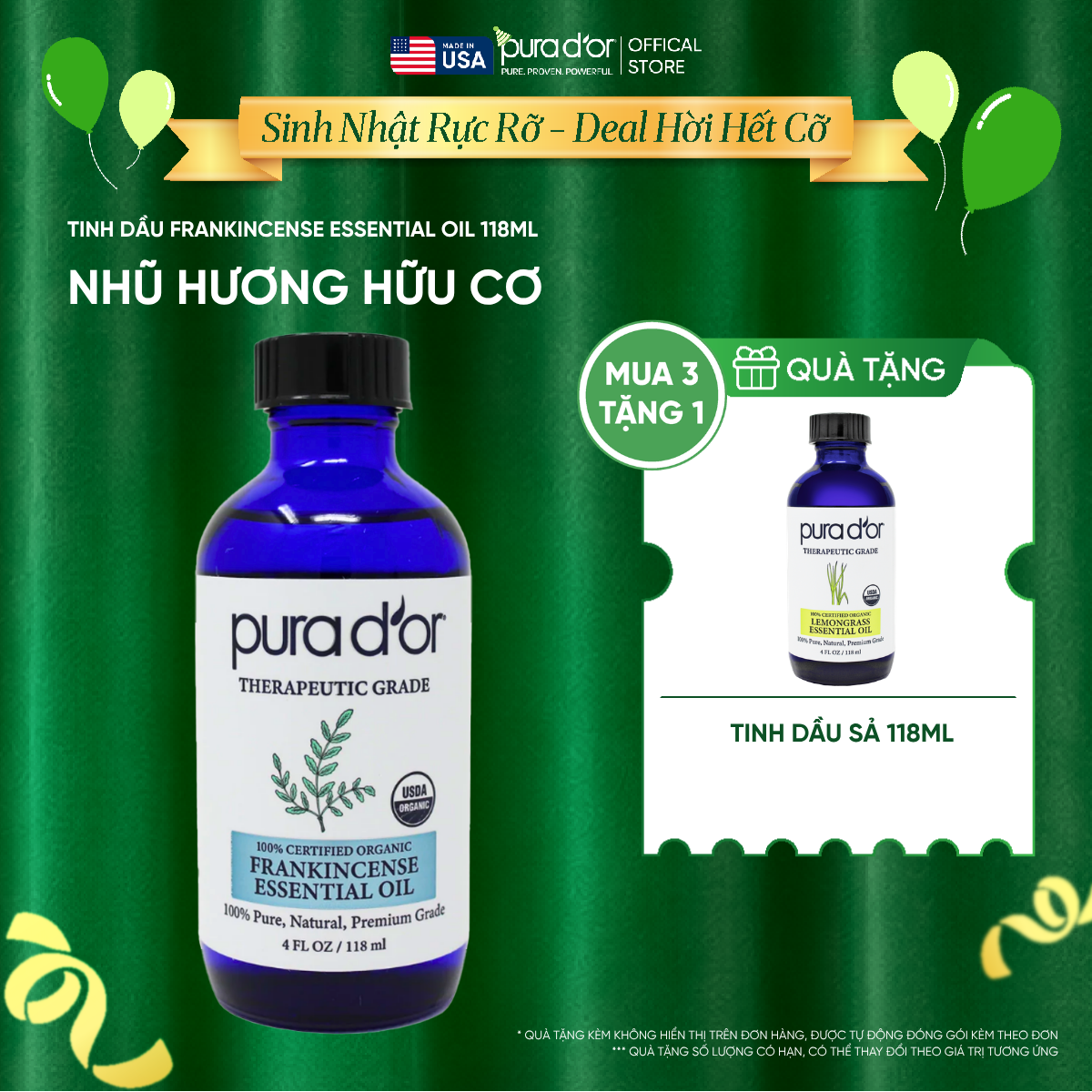 Tinh Dầu Nhũ Hương Hữu Cơ Pura D'or Therapeutic Grade Frankincense Essential Oil 118ml