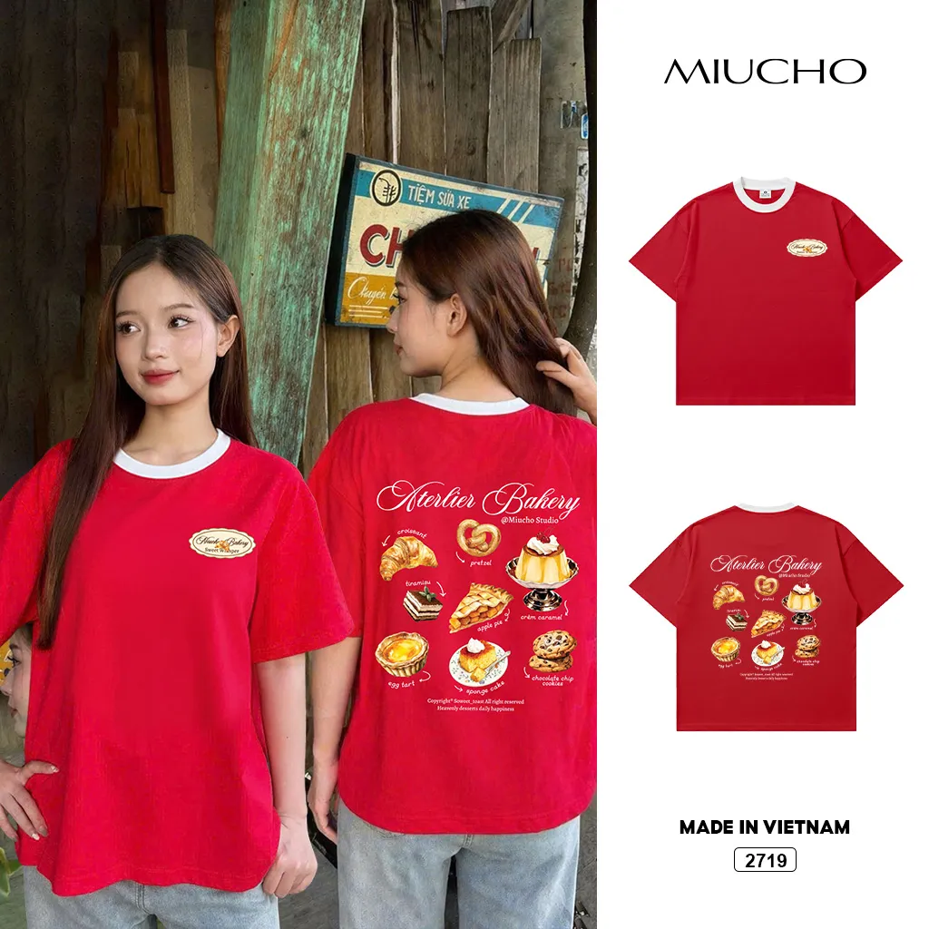 Áo thun boxy phối cổ mix màu đáng yêu Miucho thoáng mát dày dặn đứng form 3719