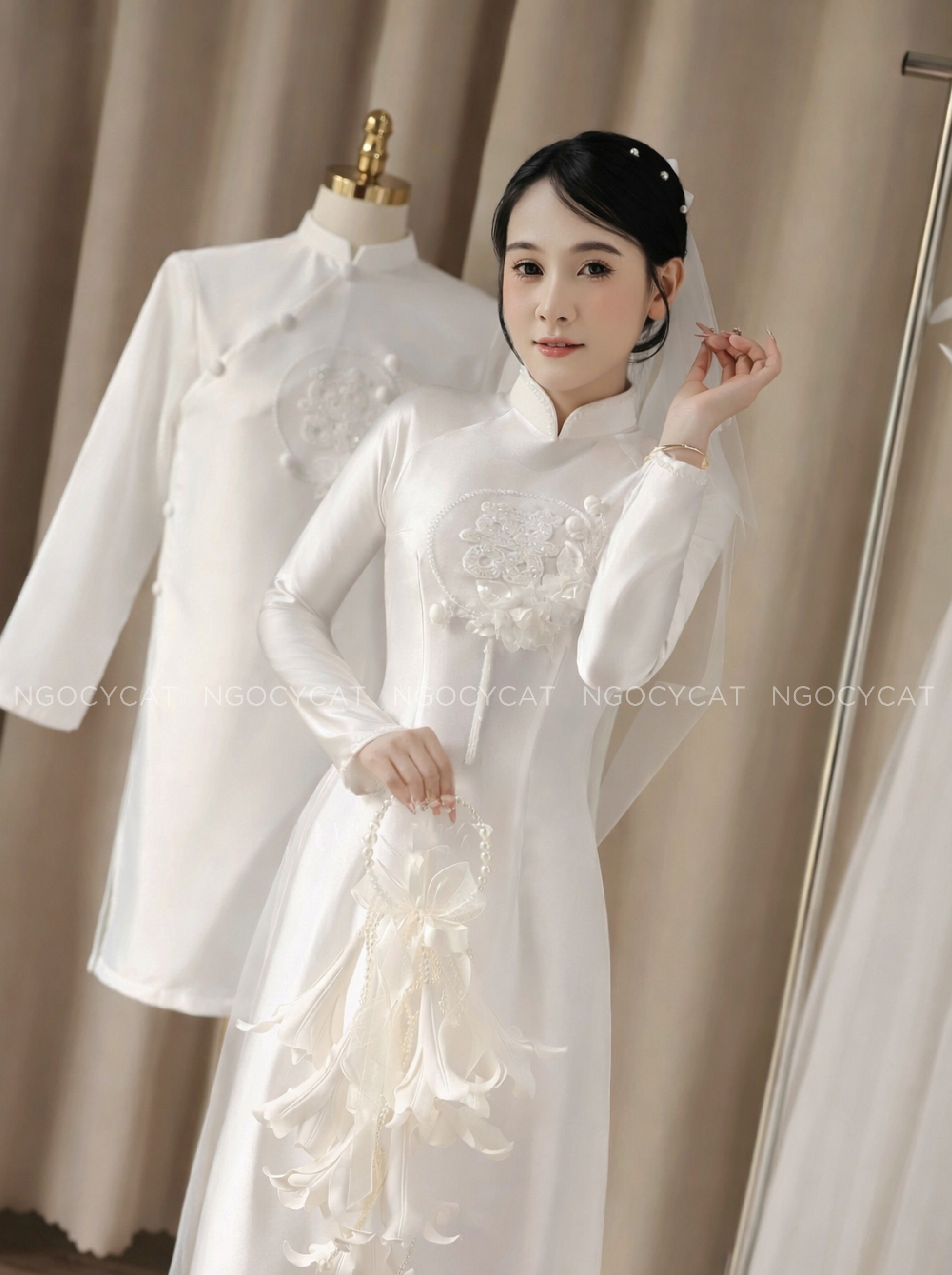 Áo Dài Dâu Rể Trắng Hỷ Phiến Hoa_thumbnail_2