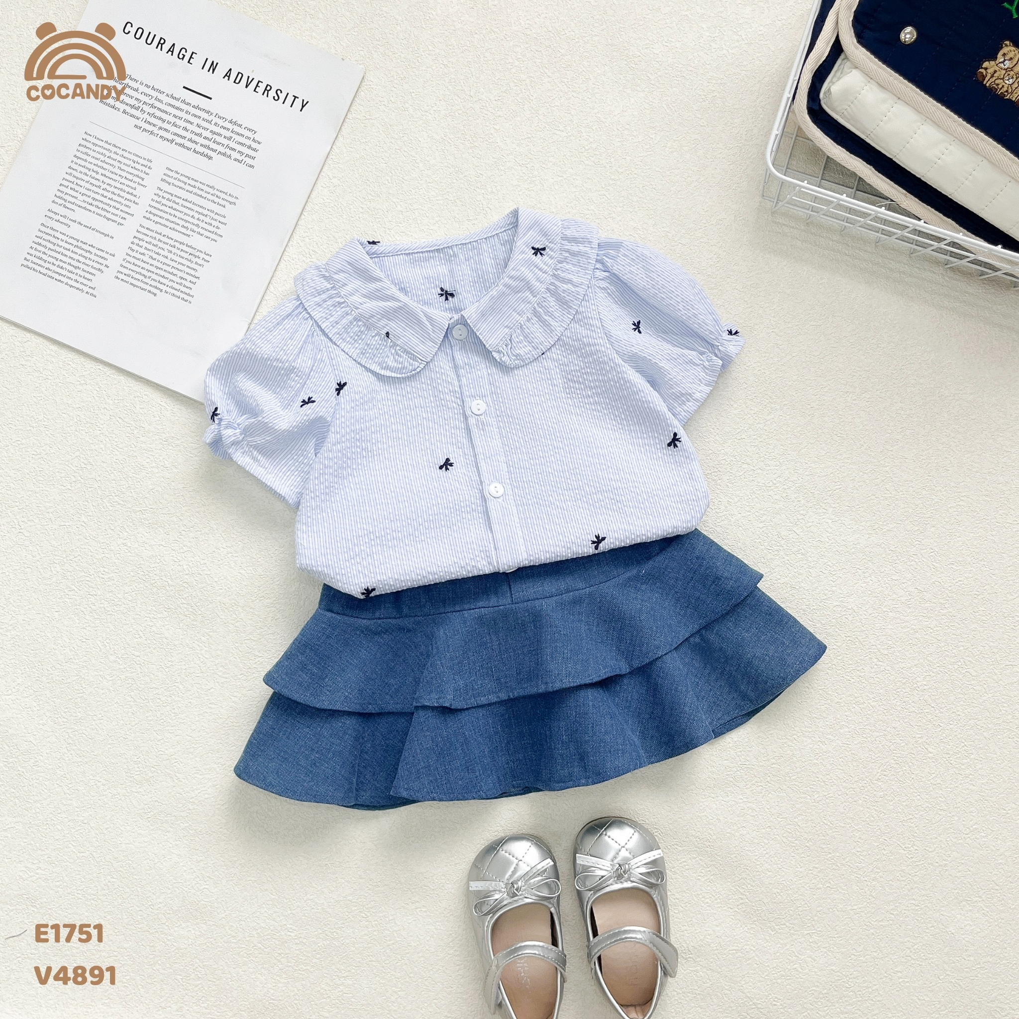 Áo cộc sơ mi thô XANH tay bồng hình nơ