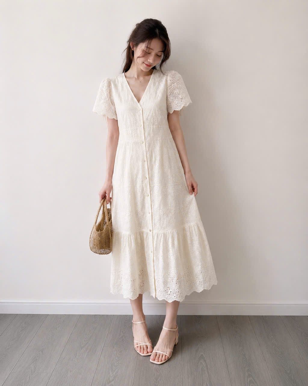 E579 ĐẦM SUÔNG REN KEM CỔ V CK