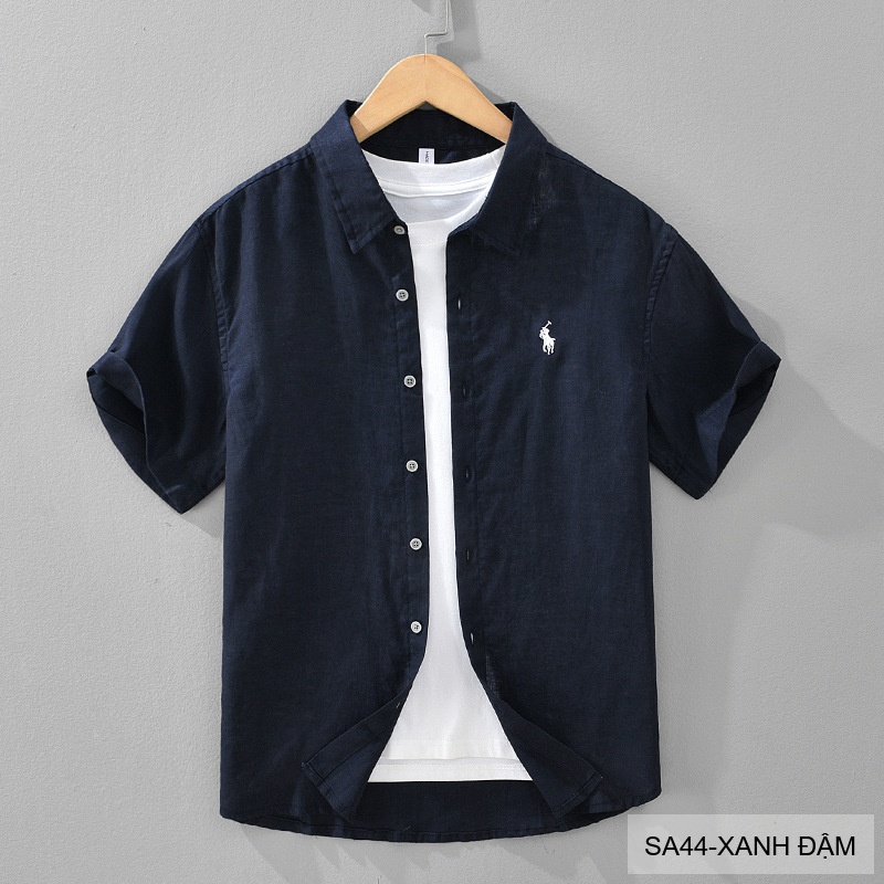 SA44 - Áo sơ mi nam tay ngắn vải lanh thoáng mát phong cách Nhật, cổ lật thêu logo nhỏ_thumbnail_14