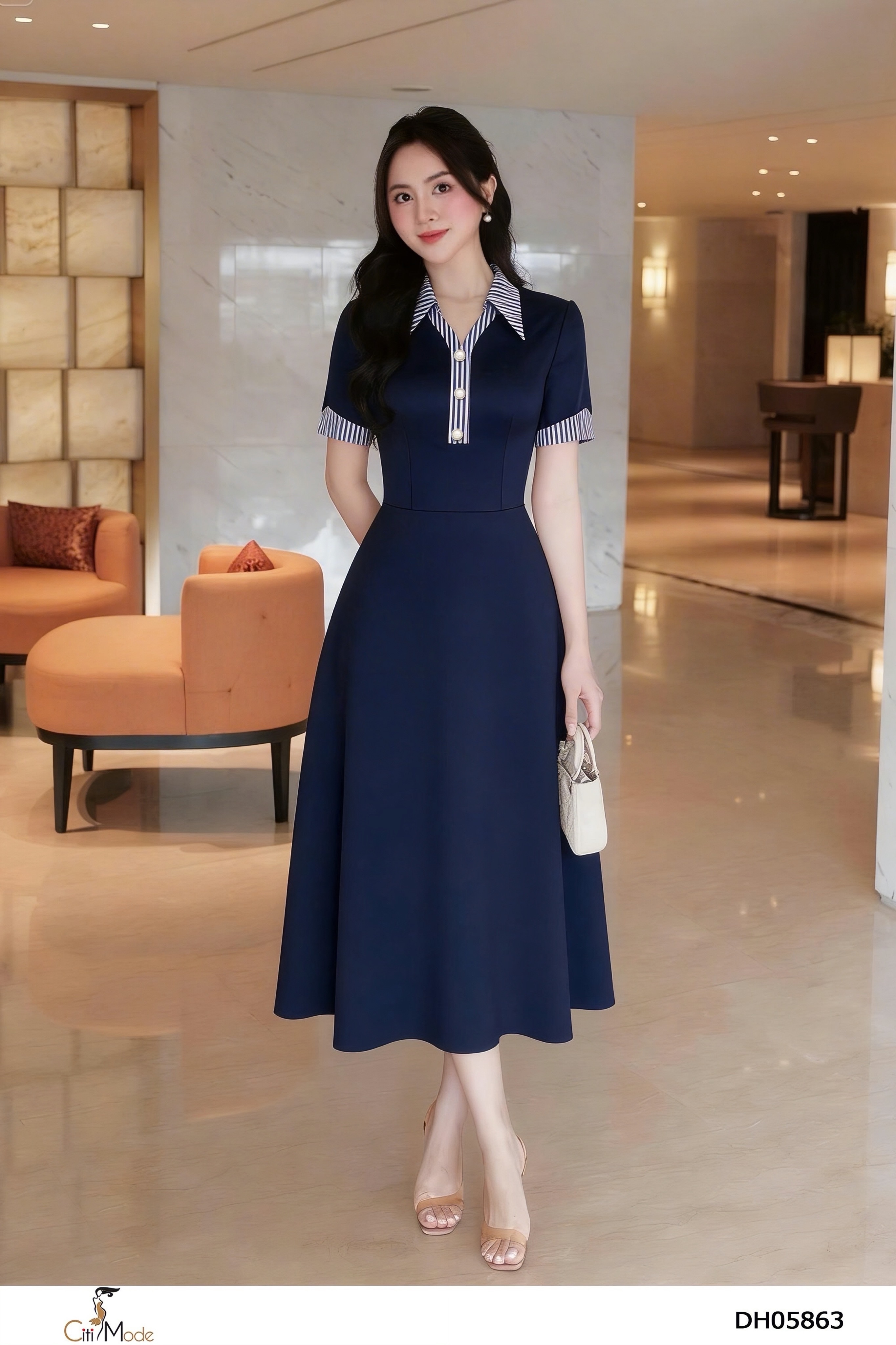 Đầm xòe tím cô đức phối kẻ tay cọc