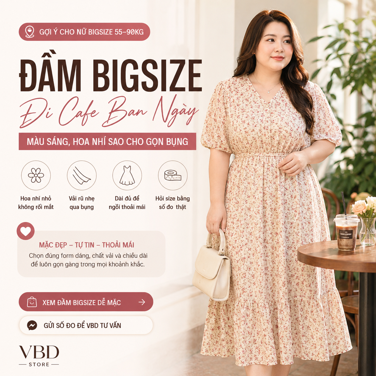 Đầm Bigsize Đi Cafe Ban Ngày: Màu Sáng, Hoa Nhí Gọn Bụng