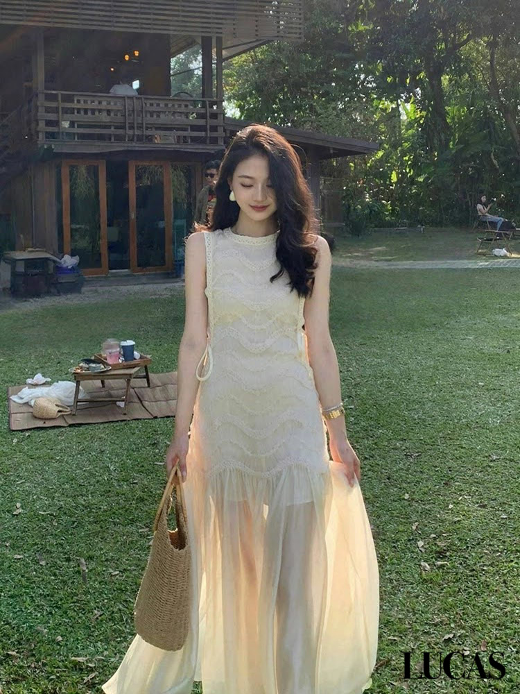 Váy ren zile cổ tròn thân ren trên phối gấu voan xòe TINA_thumbnail_4