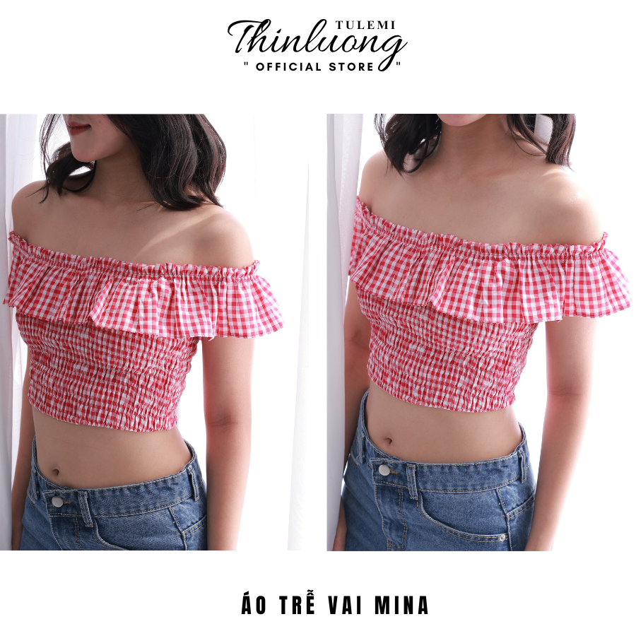 Áo trễ vai MINA caro đỏ form bo chun thoải mái tôn dáng phong cách mùa hè_thumbnail_2